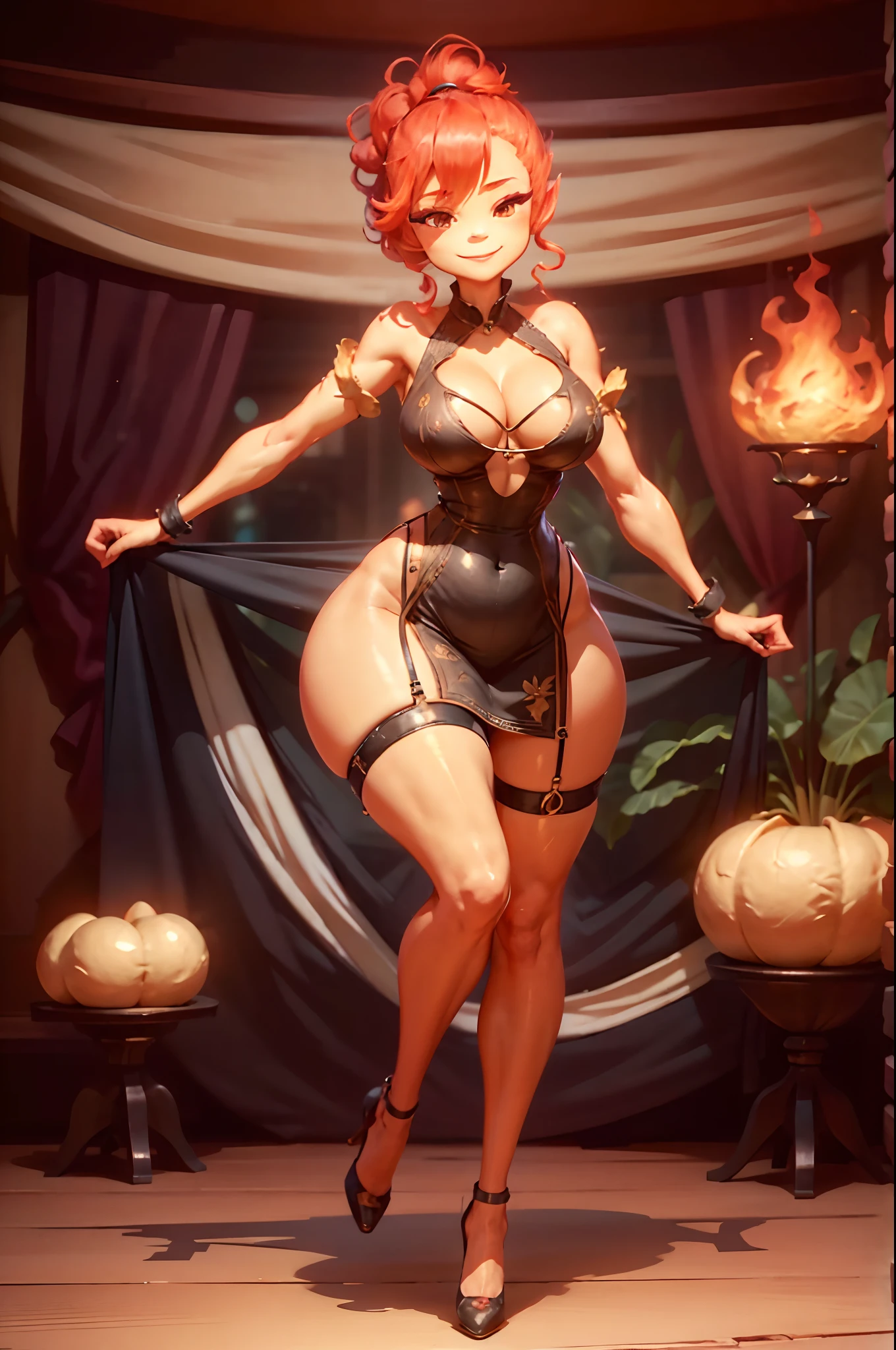 ((Detailed, 8k, masterpiece, high definition)) Ember, solo, 1 girl, girl made of fire, wide hips, big ass, thicc tighs, big breasts, sexy seductive posture, dynamic pose, bedroom, ((Detailed, 8k, masterpiece, high definition)) sexy seductive tight cut out dress, tight highs, high heels, garter straps underneath, chocker, arm sleeves, hair in a knot, sexy seductive smile on face, ((full body view)), ready to mate
