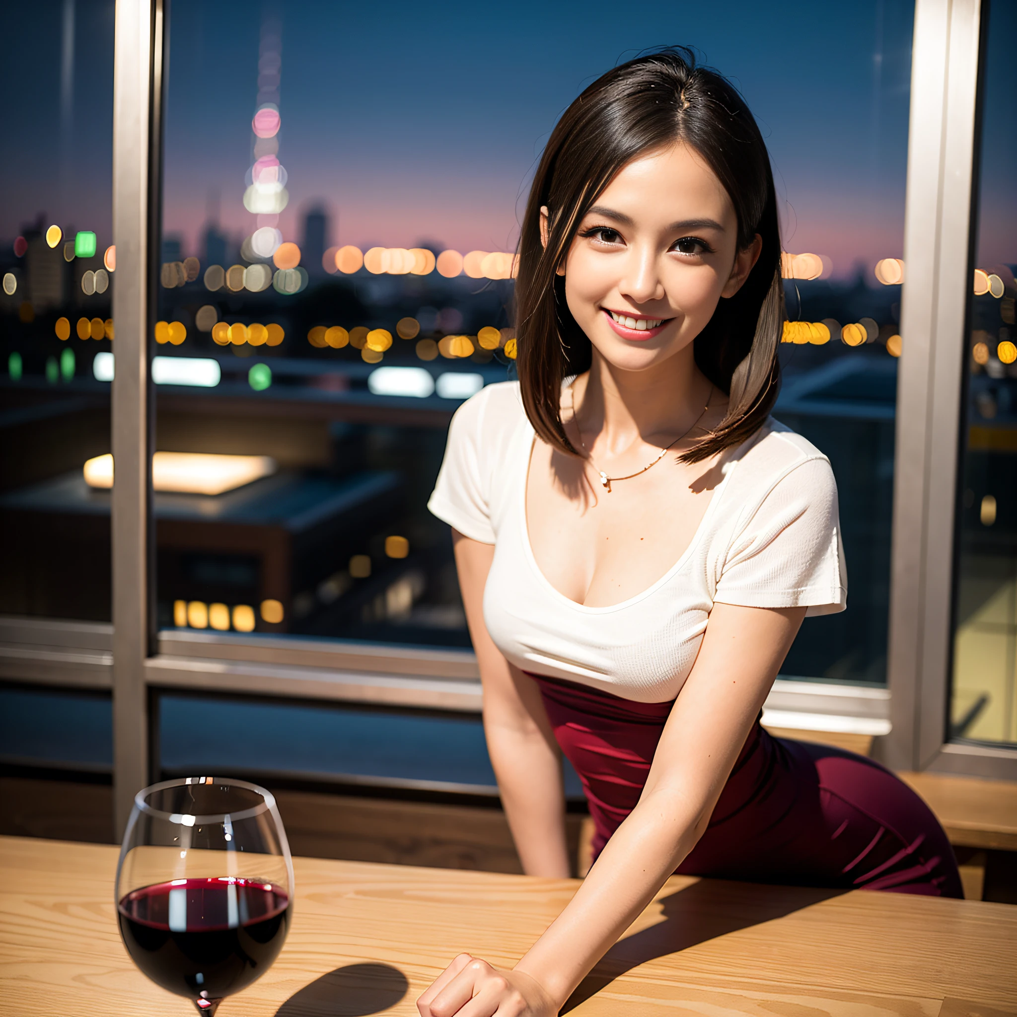 (64K, UHD, top quality, masterpiece: 1.2), (realistic, photorealistic: 1.37), super detailed, pretty woman 1 person, (slim face), (slim body), (brown hair), (short cut), cheeks slightly blushing, (35 years old), 38 years old, solo, beautiful detailed urban night view outside the window, restaurant, wine glasses sit, at night, in a prominent place (from the waist up) NovaFrogStyle, Actress, Model, Waist Up, White Wine, Slim, Wine Glass, Super Clean Night View, Wine Glass Put in the Middle, Happy Smile, (Smile: 1.15), Beautiful Fine Eyes, Upper Body, Bust Japan Up, Night, Short, Short, Actress, Model, Waist Up, White Wine, Slim, Wine Glass, Super Clean Night View, Wine Glass Put in the Middle, Happy Smile,