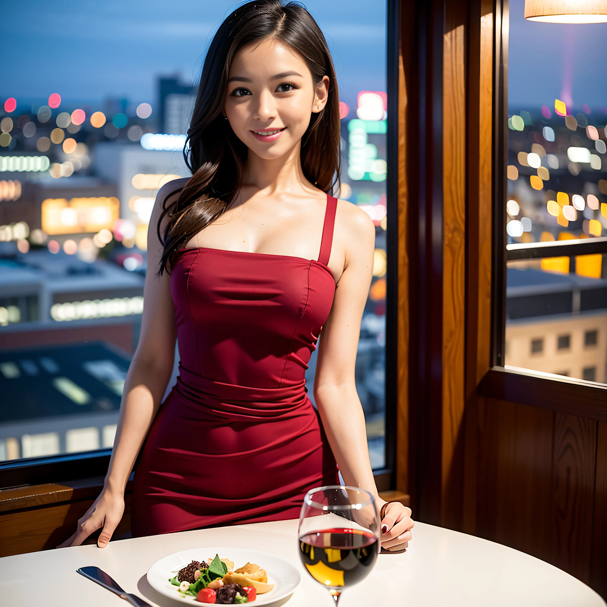 (64K, UHD, top quality, masterpiece: 1.2), (realistic, photorealistic: 1.37), super detailed, pretty woman 1 person, (slim face), (slim body), (brown hair), (short cut), cheeks slightly blushing, (35 years old), 38 years old, solo, beautiful detailed urban night view outside the window, restaurant, wine glasses sit, at night, in a prominent place (from the waist up) NovaFrogStyle, Actress, Model, Waist Up, White Wine, Slim, Wine Glass, Super Clean Night View, Wine Glass Put in the Middle, Happy Smile, (Smile: 1.15), Beautiful Fine Eyes, Upper Body, Bust Japan Up, Night, Short, Short, Actress, Model, Waist Up, White Wine, Slim, Wine Glass, Super Clean Night View, Wine Glass Put in the Middle, Happy Smile,