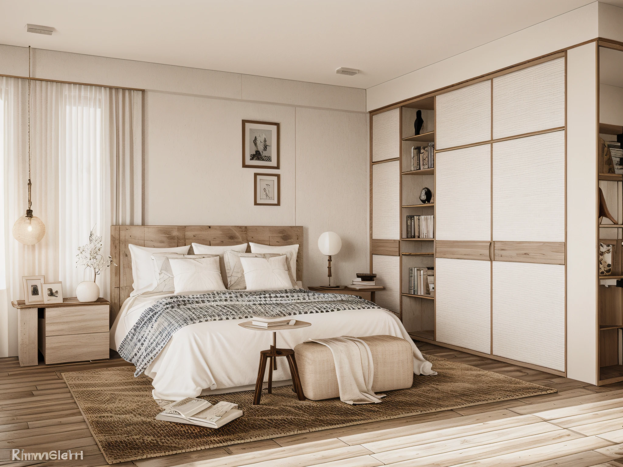 wabi-sabi bedroom interior, wabi-sabi interior style, design tends to be minimalist, calming and natural atmosphere, ((gray and white color scheme)), ((rough-hewn wood)), handmade textiles,natural fabrics, tab, lamp, rug, wood floor, drapes,glass window, door, (rough-hewn ceiling), (rough-hewn wall), wardrobe, rough-hewn wood cabinet, picture frames, antique furniture and decor items, cinematic