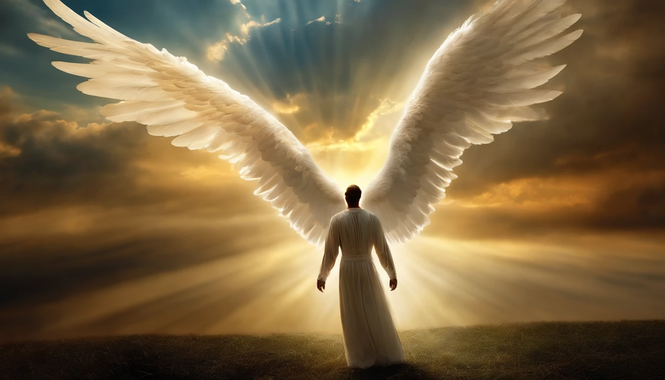 An angel was coming down from heaven with great power, And the earth shone with his glorious splendor. Fantasy Bright Field
The male angel exclaimed in a mighty voice. Speaking to millions of people,An angel looking ahead, Floating in the air,Hundreds of thousands of people stand below.