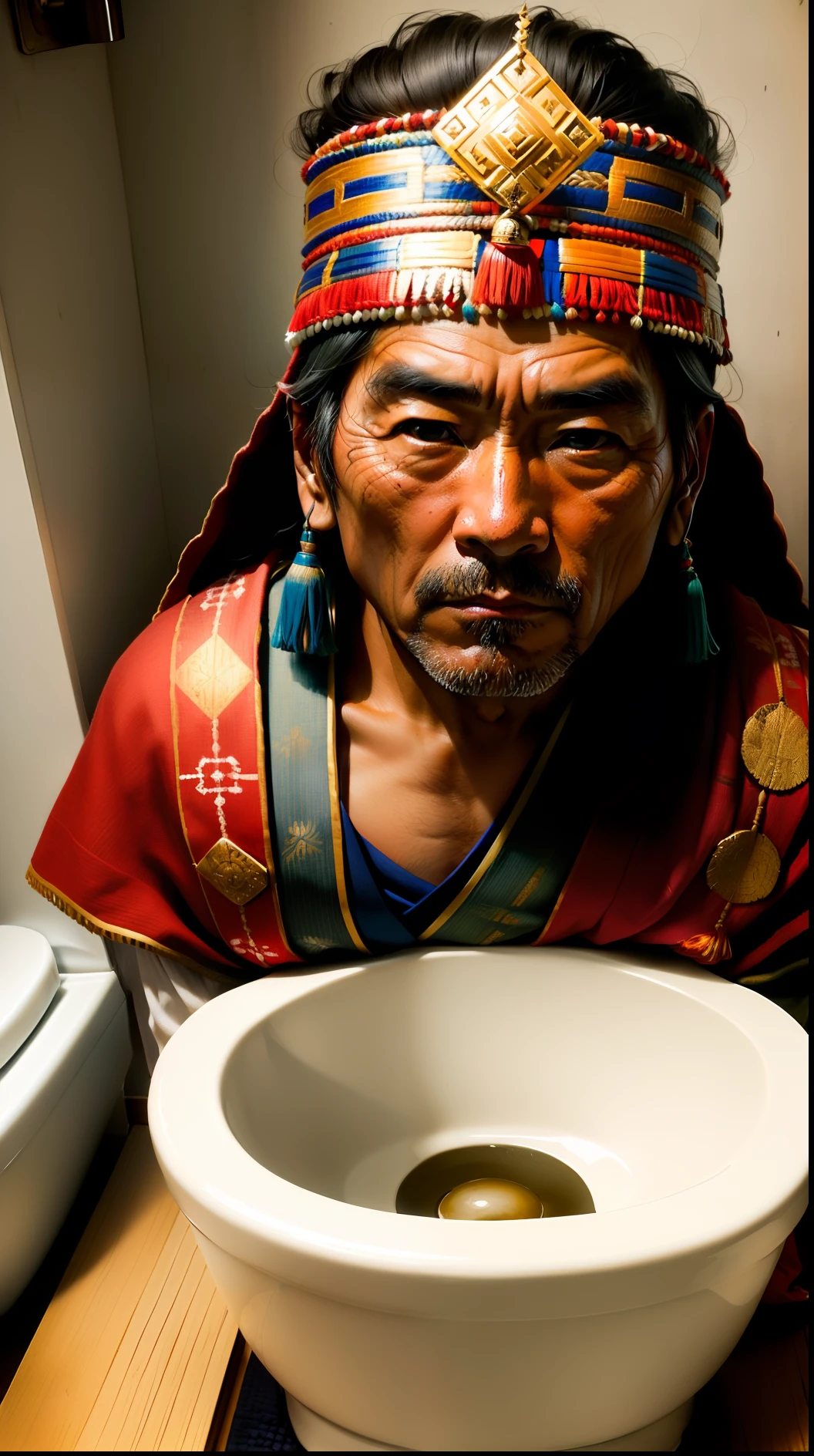 Men from the ancient Inca Empire。Japanese toilet bowl motif all over the body。Fecal object on the head。