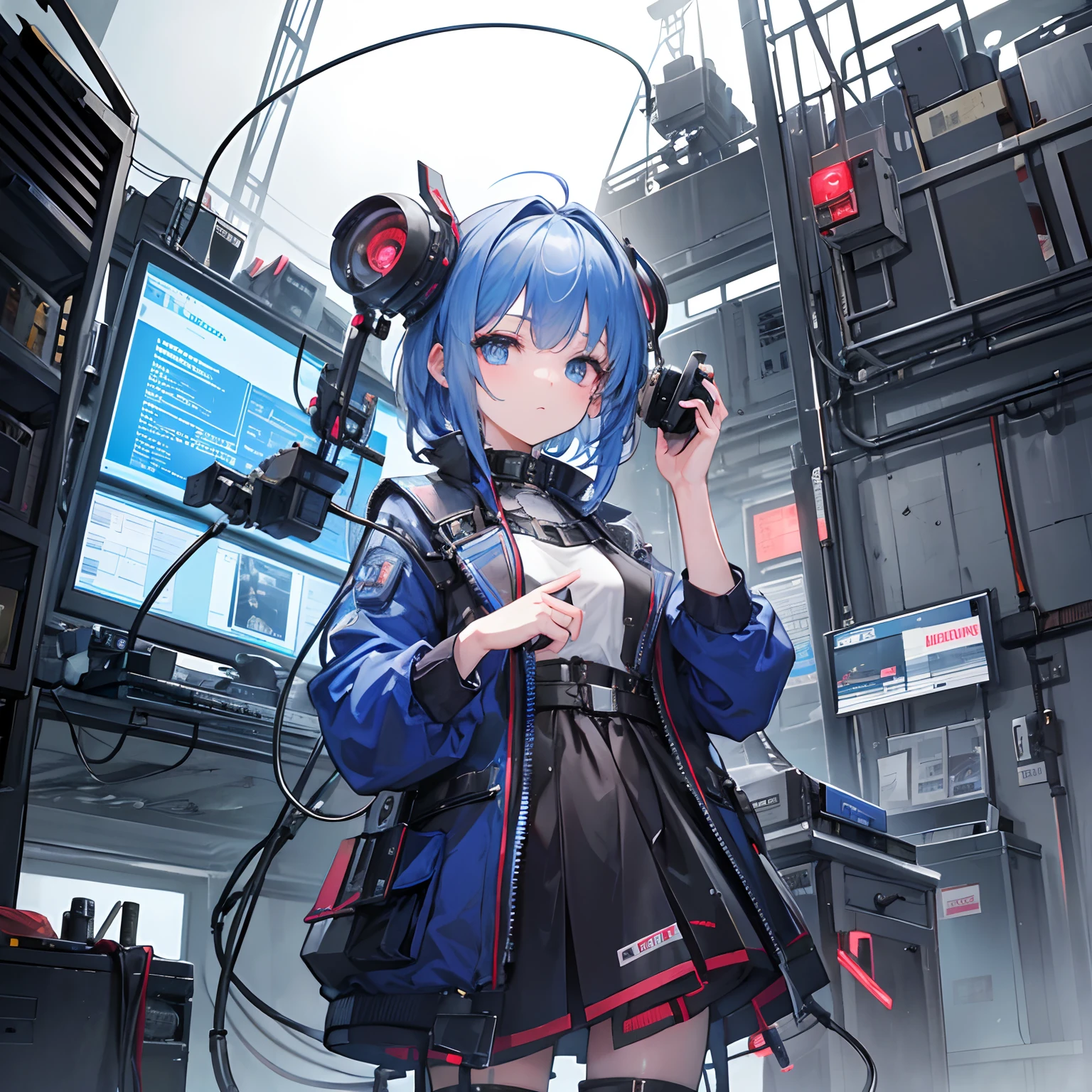 masterpiece, best quality, (photography:1.3), (high quality:1.2), detailed face, detailed eyes,Inside the factory, there is a huge, complex, cyberpunk-looking device that has a large metal control panel with wires and pipes protruding from it. Surrounding it are various tools and parts. Nearby, a beautiful, bewildered girl wears a Shirts with ruffles while operating a complex mechanical device. A blueprint of the device is displayed near her. The girl is trying to figure out how to activate the device, but seems confused and frustrated., small breasts