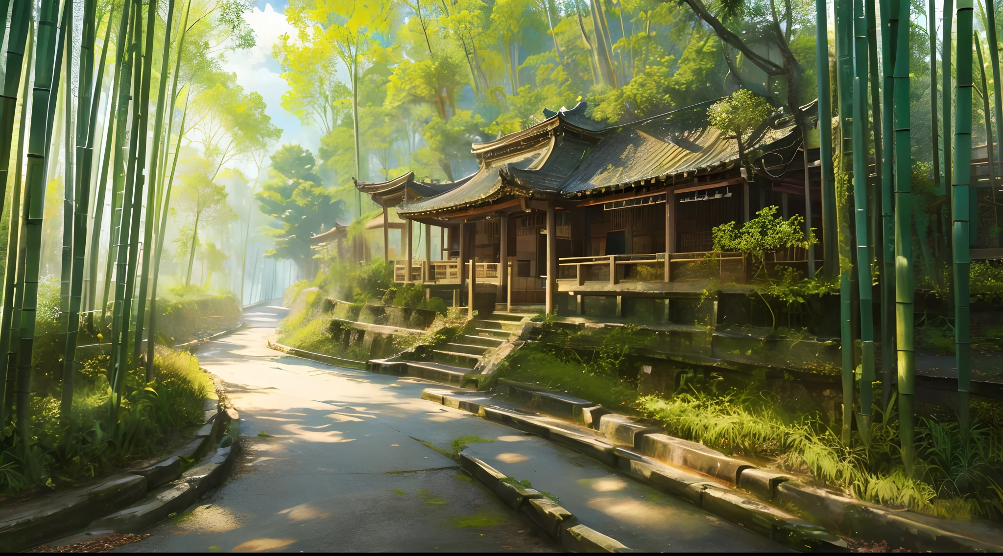 Official Art, Ancient China, Ancient Street, Bamboo Forest, (Daytime), Beautiful Landscape, Epic Landscape, Realistic Light and Shadow, Masterpiece, High Quality, Beautiful Graphics, High Detail, Global Illumination, Unreal Engine Rendering, Octane Rendering, (HDR: 1.3)