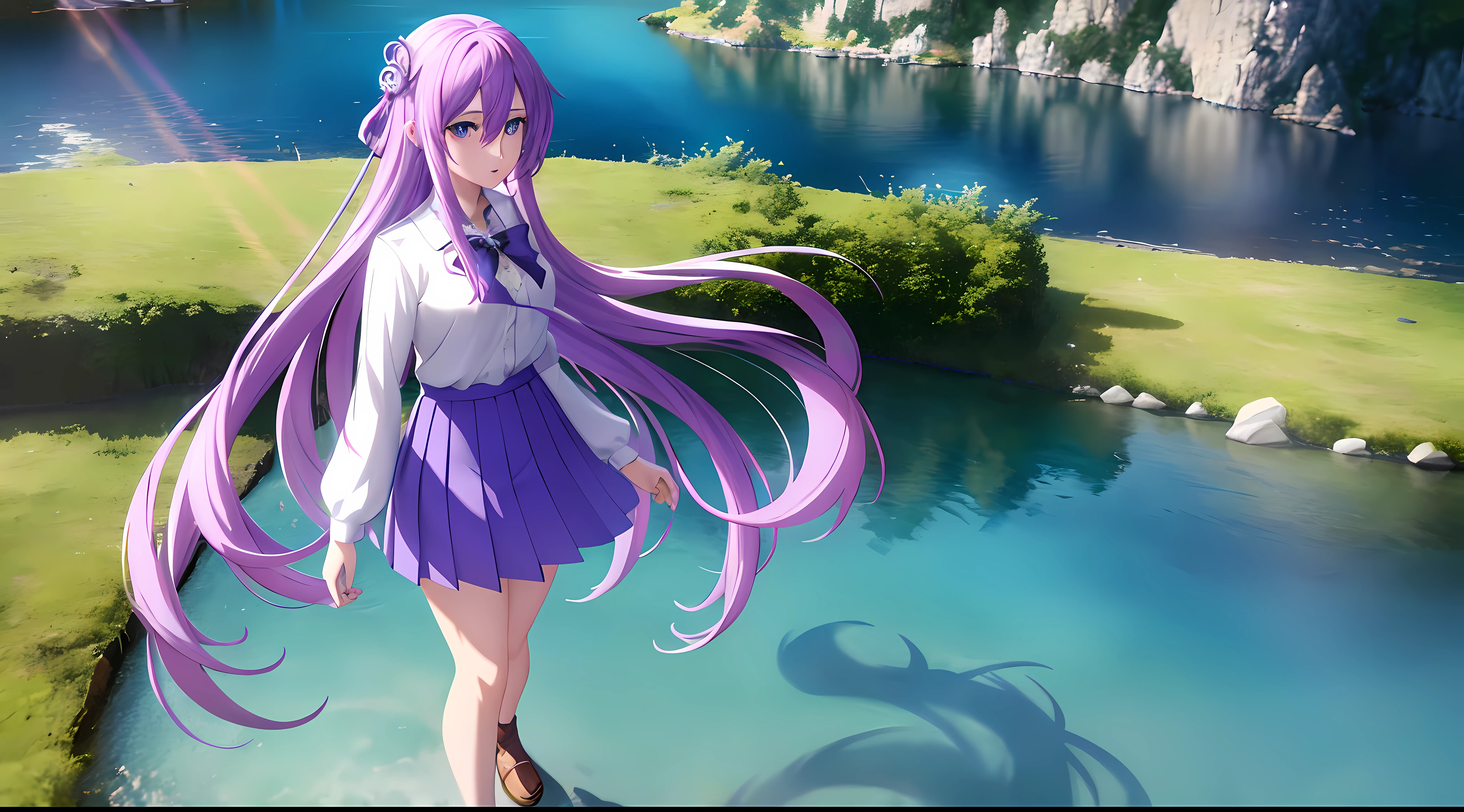 Athena with plain long light purple hair,hair between eyes,green eyes,rosy cheeks,full lips,thin eyebrows,slender body,school dress and long skirt,praying beads on neck,cute anime girl,full body,vibrant lake in background,anime style,Lumen Reflections,Screen Space Reflections,Diffraction Grading,Chromatic Aberration,GB Displacement,Scan Lines,Ray Traced,Anti-Aliasing,FXAA,TXAA,RTX,SSAO,Shaders,OpenGL-Shaders, GLSL-Shaders,Post Processing,Post-Production,cell Shading,Tone Mapping,CGI,VFX,SFX,insanely detailed and intricate, 4K,standing, solo, masterpiece, best quality, detailed face, detailed eyes, highres, standing, solo,masterpiece, best quality