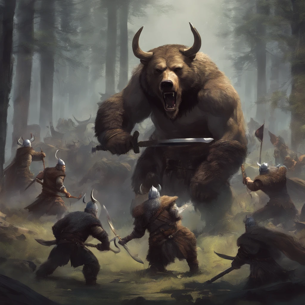 vikings fighting against a bear in a florest