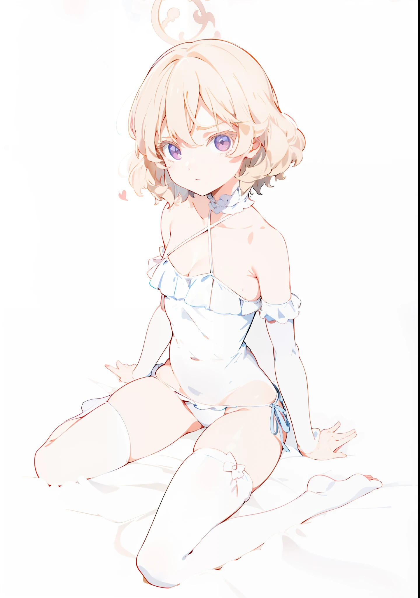 Anime - A girl sitting cross-legged on the ground, in dress, small curvaceous loliaring a blue swimsuit, full body portrait of a short!,Blue-haired girl, Anime moe art style, Anime full body,, anime visual of a cute girl, (Anime girl),sandbeach,beachside