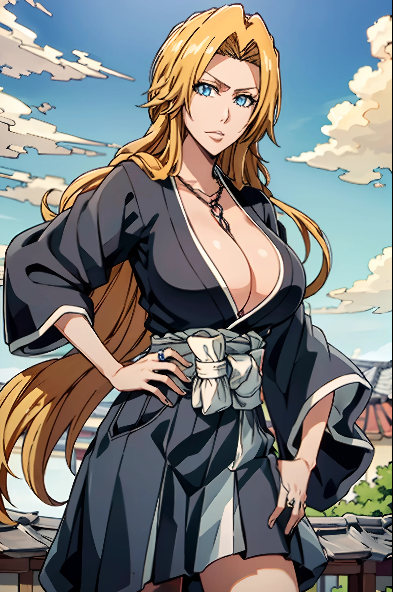 master piece, high quality,
perfect human structure, perfect hand structure, perfect finger structure,
1girl, solo,
perfect body, large breasts,
blond hair, long hair,
blue eyes, looking at viewer,
black kimono, breasts cleavage,
ring necklace
one hand on hip,
cowboy shot,
out door,