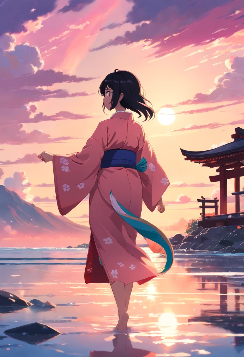 masterpiece, best quality, movie still, 1girl, straight black hair, kimono outfit, kitsune mask, ocean reflection, pink clouds, sunset, small shrine, soft bright colors, landscape, (sparks:0.7)