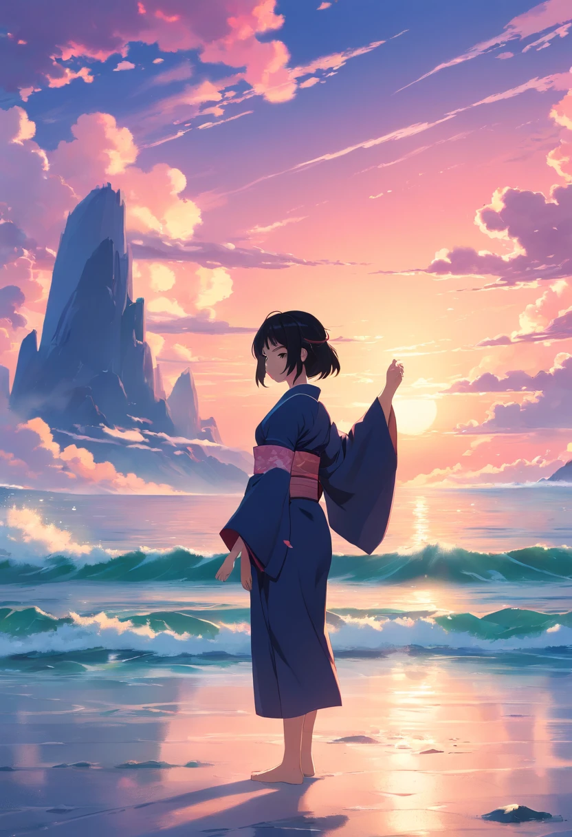 masterpiece, best quality, movie still, 1girl, straight black hair, kimono outfit, kitsune mask, ocean reflection, pink clouds, sunset, small shrine, soft bright colors, landscape, (sparks:0.7)