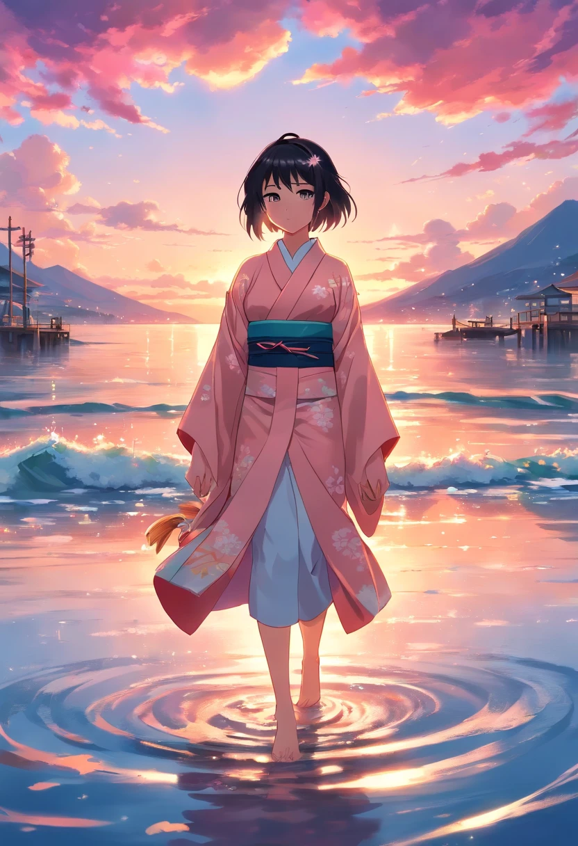masterpiece, best quality, movie still, 1girl, straight black hair, kimono outfit, kitsune mask, ocean reflection, pink clouds, sunset, small shrine, soft bright colors, landscape, (sparks:0.7)