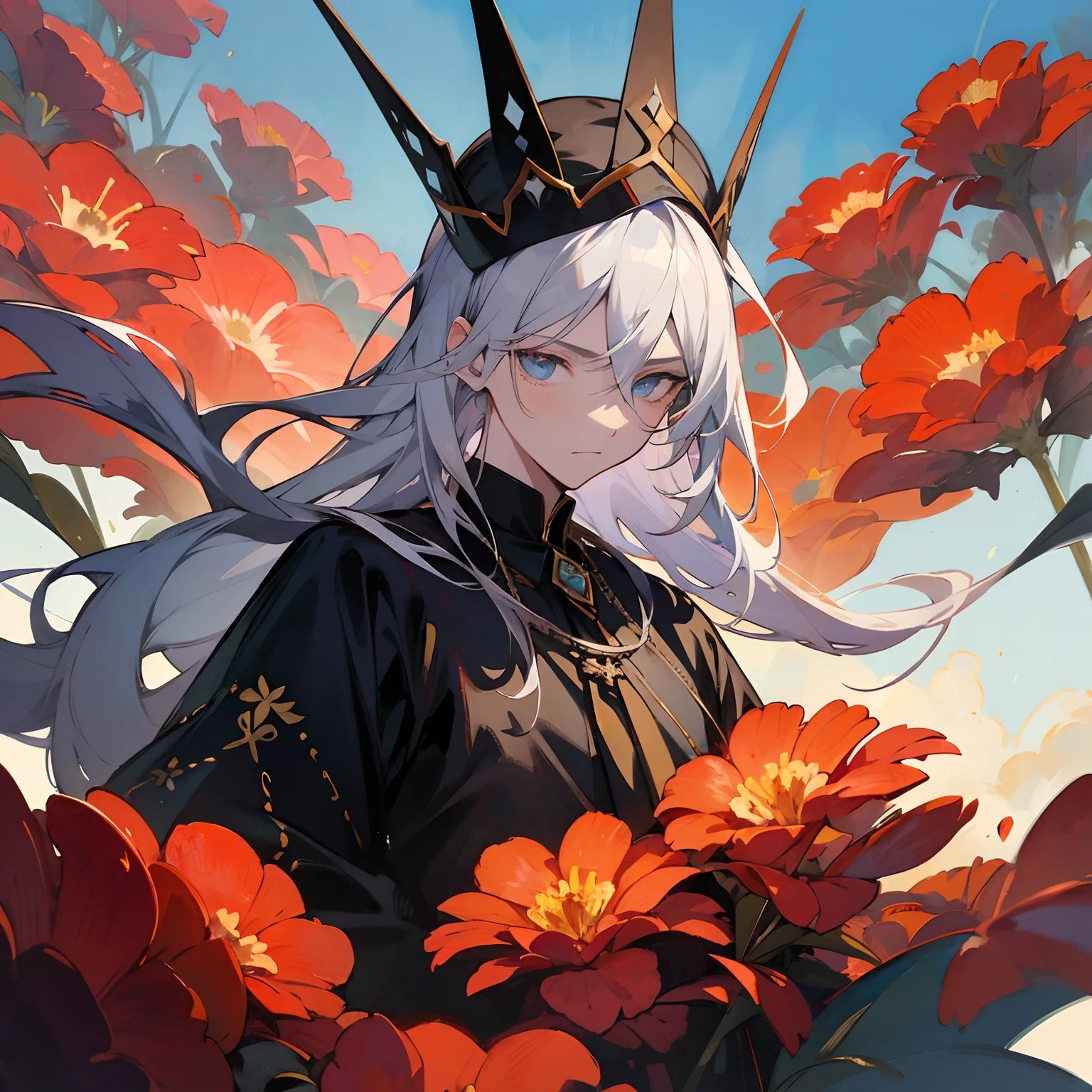 Beautiful boy with silver hair man wearing jet black crown dressed in black with gold decoration、The eyes are vermilion、Expressionless illustration anime watercolor oil painting sky buried in colorful beautiful flowers is blue karate