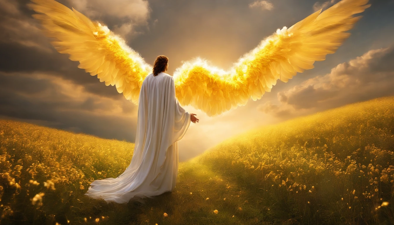 An angel was coming down from heaven with great power, And the earth shone with his glorious splendor. Fantasy Bright Field
The male angel exclaimed in a mighty voice. Speaking to millions of people,An angel looking ahead, floating in air,Hundreds of thousands of people stand below.