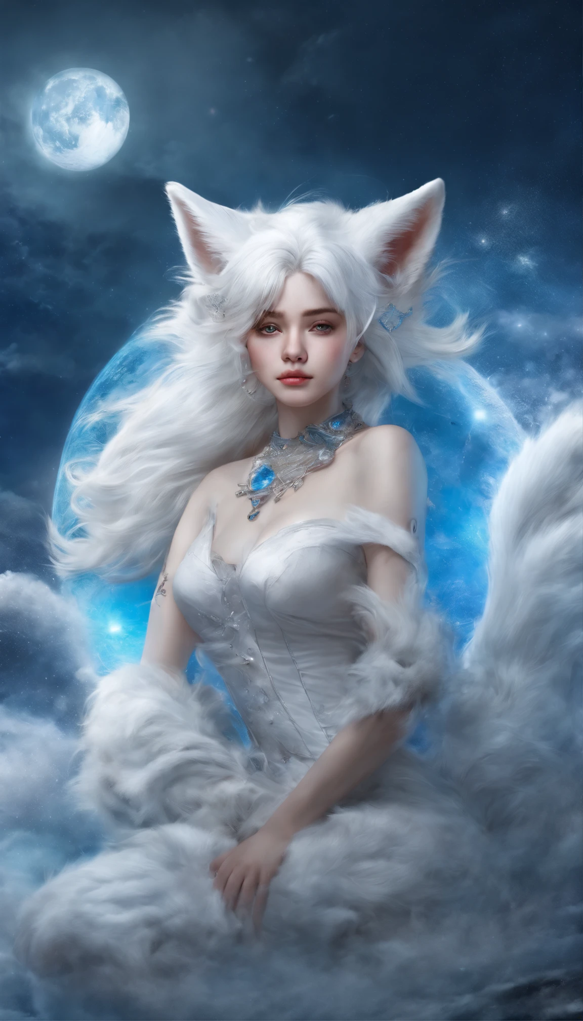 best quality, 8k, a white fox girl with blue flames on parts of its body lying on a moon, clouds scene