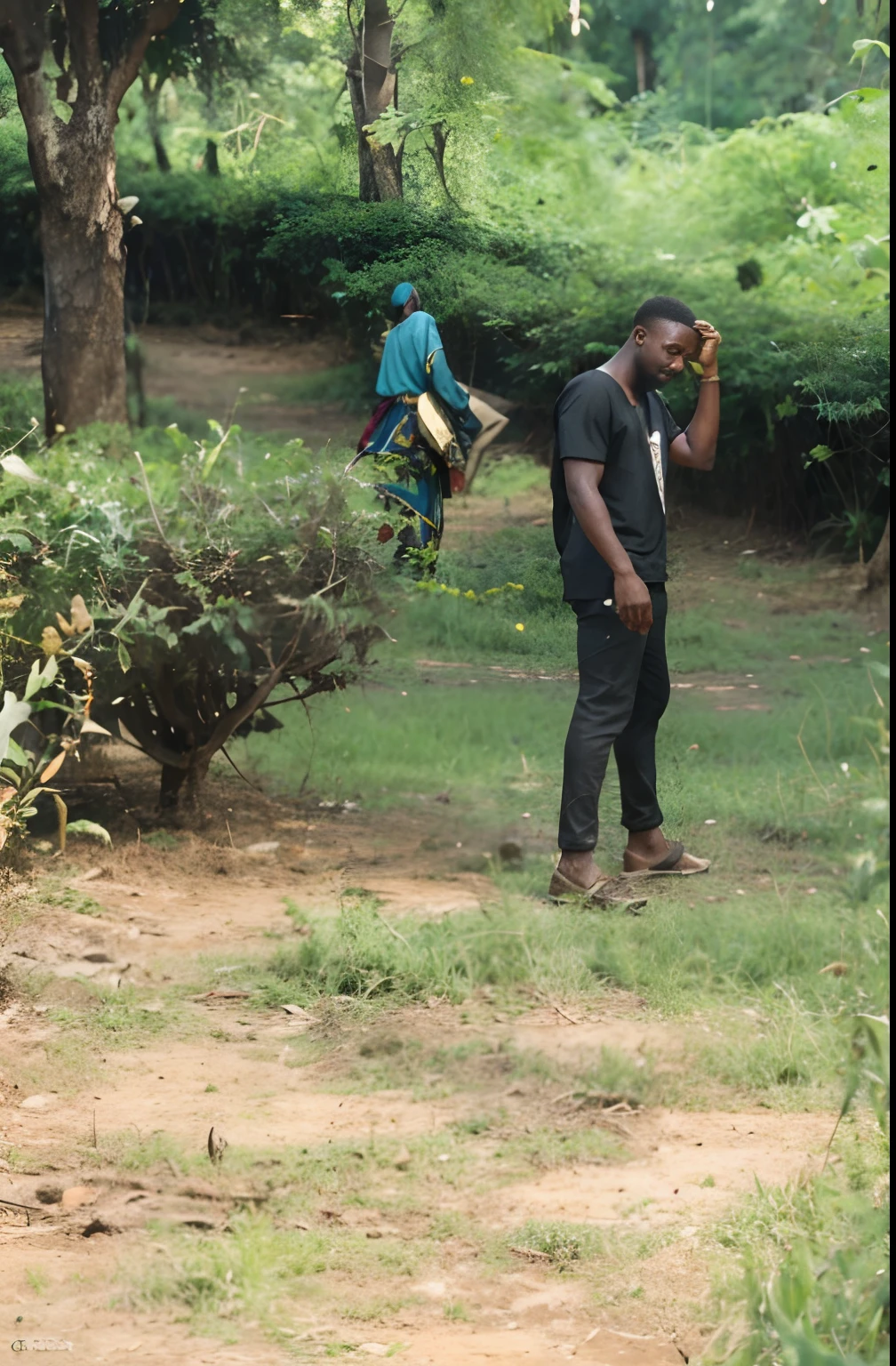 Deus masculino africano, Oxossi, walking at night in an African forest forest, de costas, roupas africanas, anatomia perfeita, de noite, octan render, Greg Rutkowski