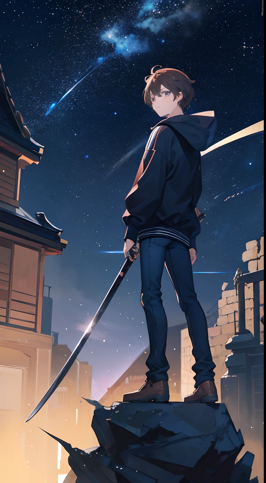 Boy with brown hair, wearing blue hoodie, black jeans, brown scraft, holding a katana, looking at the starry celestial sky, with floating stone tiles or platforms like in a videogame.