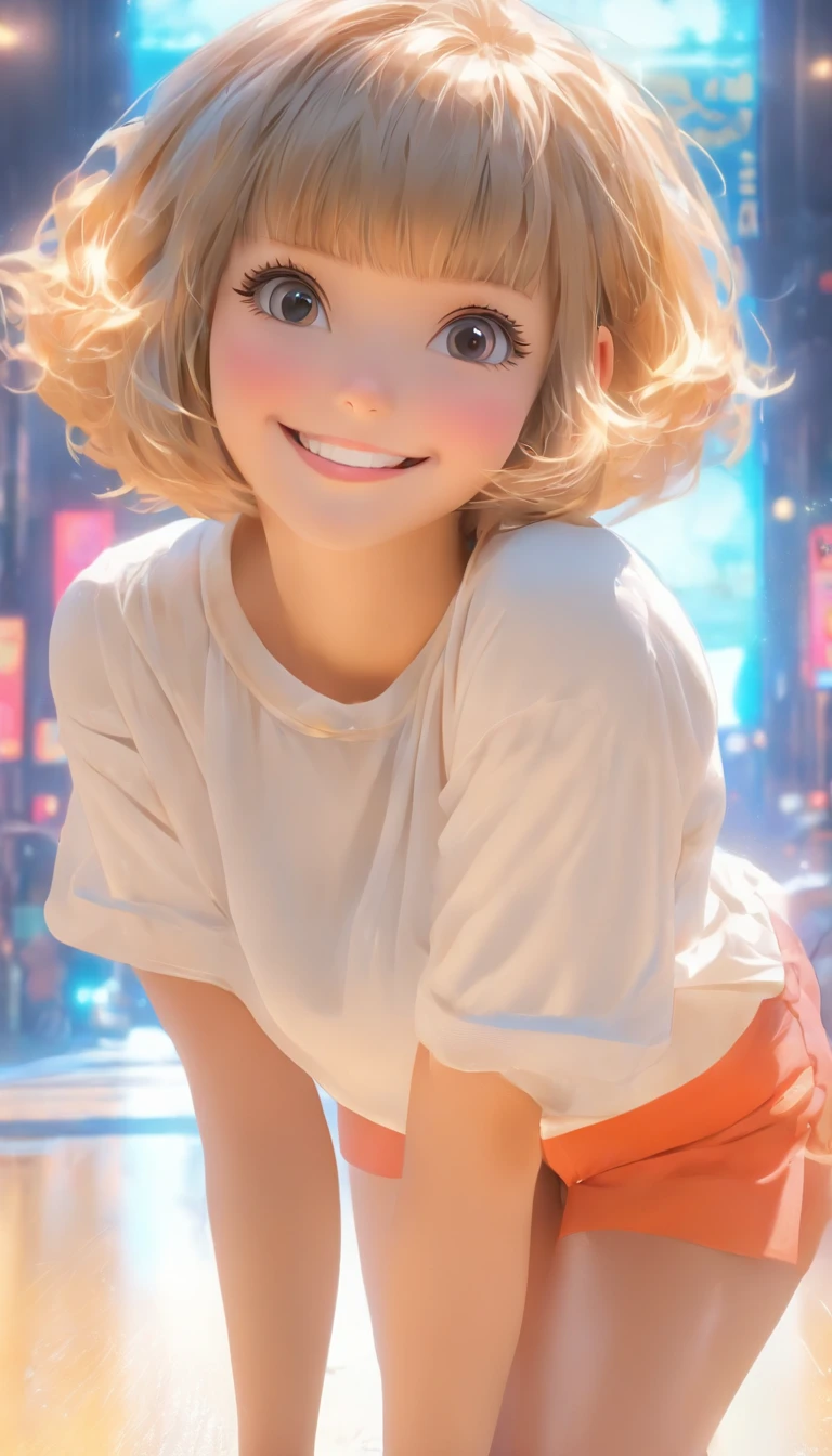 (超A high resolution、Photorealsitic、realisitic、top-quality、Photorealsitic)、(in 8K、top-quality、masterpiece)、(auto white balance)、Technical sense、finely detail、extremely delicate and beautiful、foco nítido、Rich background、(realperson、a picture)、(((High Detail Skin)))、(kawaii girl、Lori、18year old、college aged、a blond)、(((Short Bob Hair、Bangs)))、(a smile)、((Fashionable、white shirt、long-sleeve))、(full bodyesbian、The perspective of the human eye)