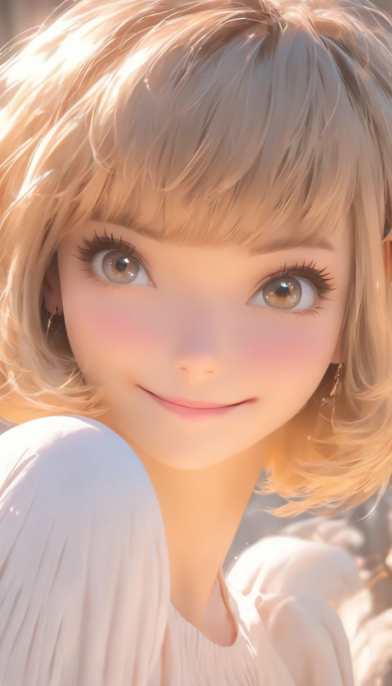 (超A high resolution、Photorealsitic、realisitic、top-quality、Photorealsitic)、(in 8K、top-quality、​masterpiece)、(auto white balance)、Technical sense、finely detail、extremely delicate and beautiful、foco nítido、Rich background、(realperson、a picture)、(((High Detail Skin)))、(kawaii girl、Lori、18year old、college aged、a blond)、(((Short Bob Hair、Bangs)))、(a smile)、((Fashionable、white  shirt、long-sleeve))、(full bodyesbian、The perspective of the human eye)