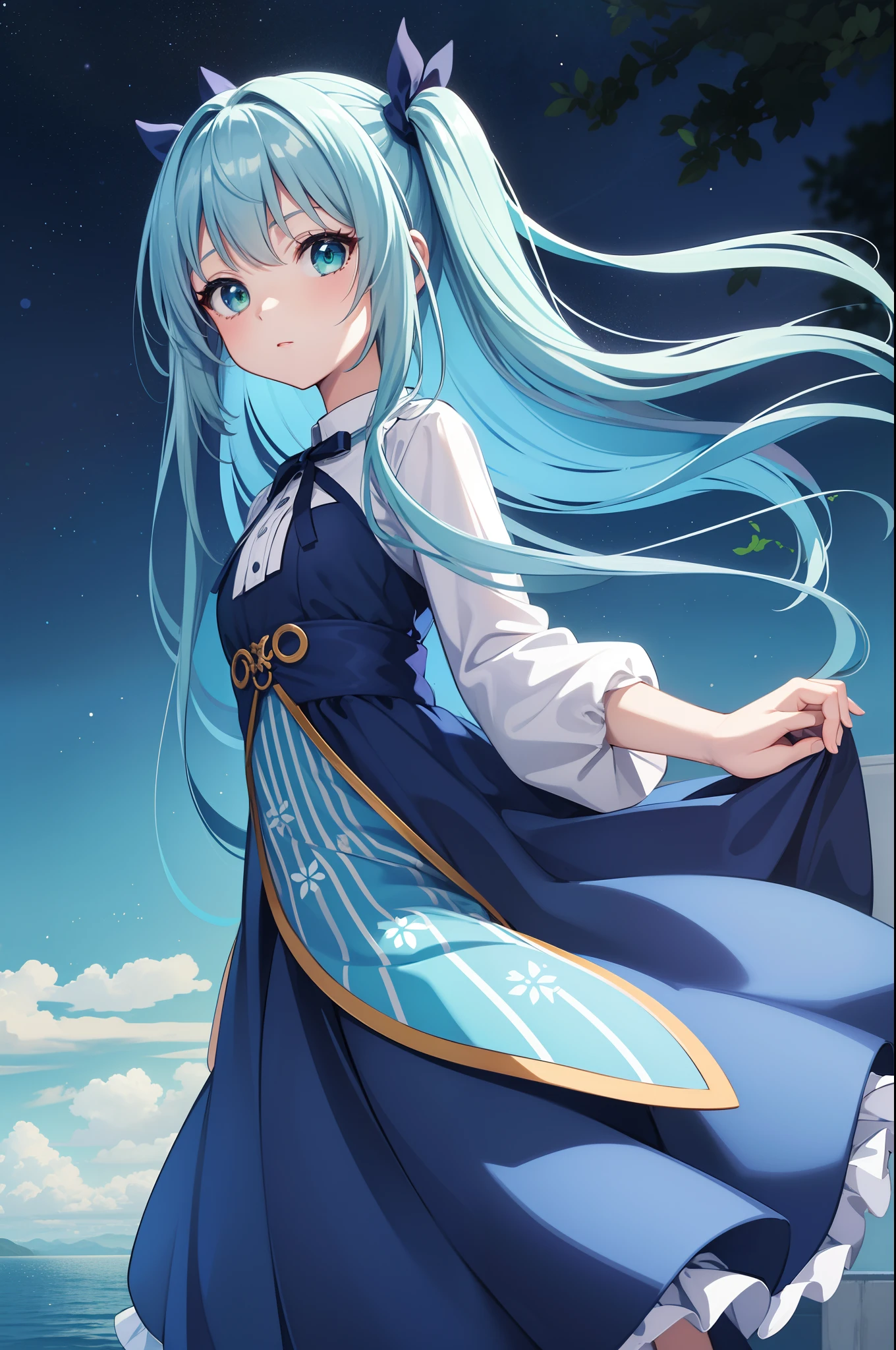 1 girl in、Blue Long Hair、Twin-tailed、Green eyes、Drawn from a specific angle、Looking at the camera、delicate finger、beautiful ilumination、fuffy dress、Navy blue skirt,Outdoor scene in the background、(High resolution of the highest quality)、((Masterpieces of the highest quality:1.2))