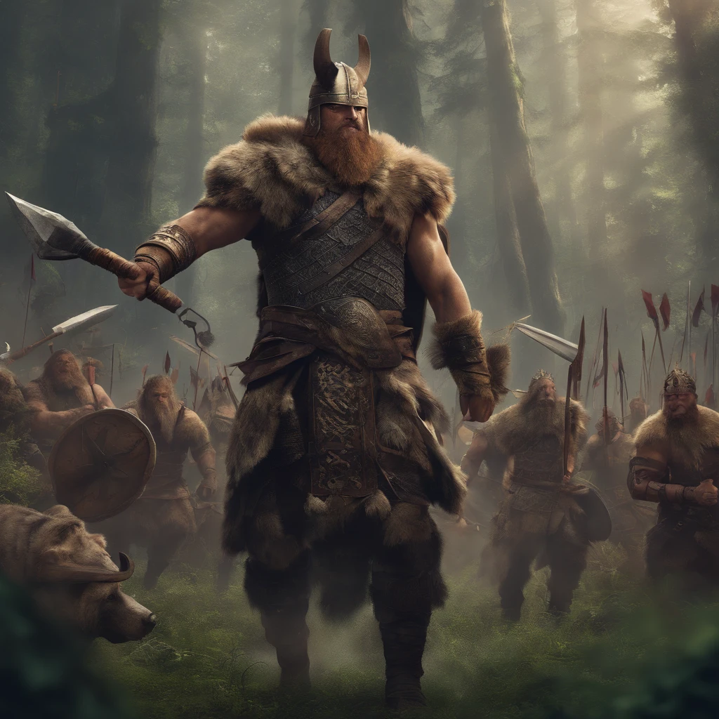 (best quality,4k,8k,highres,masterpiece:1.2),(ultra-detailed:1.1),(realistic,photorealistic,photo-realistic:1.37),viking warriors,fighting,bear,forest,exciting battle scene,dramatic lighting,ferocious bear,brave warriors,strong and muscular,sharp weapons,helmet with horns,fur cloaks,ancient weapons,wooden shield with Viking symbols,slashing swords,ax-wielding warriors,flying arrows,victory celebration,courageous warriors with intense expressions,muddy ground,thick trees,green foliage,mist in the air,lush vegetation,wilderness,conflict,adventure,tribal tattoos,great warriors with painted faces,atmospheric,thrilling,action-packed scene,heroic fighters carrying banners,vibrant colors,ominous sky