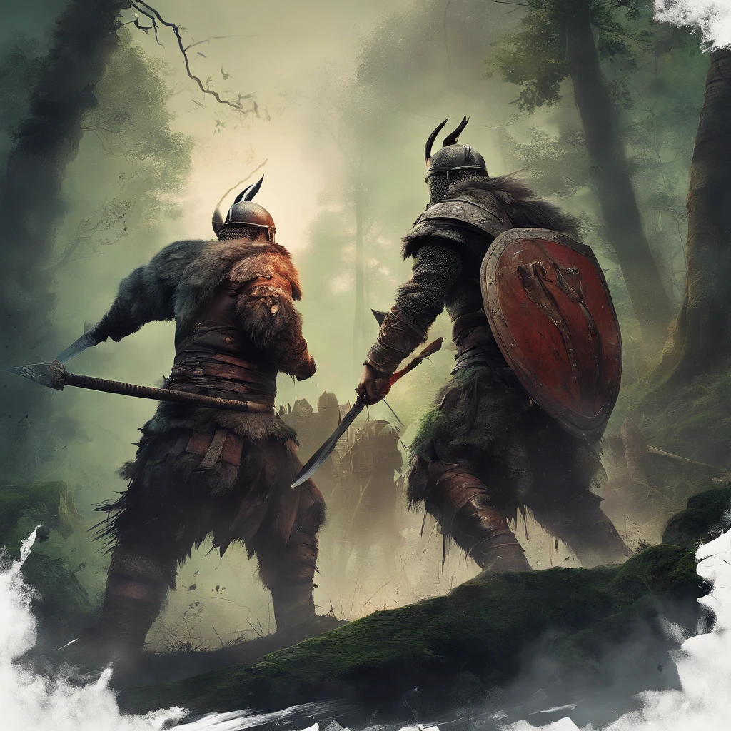 (best quality,4k,8k,highres,masterpiece:1.2),(ultra-detailed:1.1),(realistic,photorealistic,photo-realistic:1.37),viking warriors,fighting,bear,forest,exciting battle scene,dramatic lighting,ferocious bear,brave warriors,strong and muscular,sharp weapons,helmet with horns,fur cloaks,ancient weapons,wooden shield with Viking symbols,slashing swords,ax-wielding warriors,flying arrows,victory celebration,courageous warriors with intense expressions,muddy ground,thick trees,green foliage,mist in the air,lush vegetation,wilderness,conflict,adventure,tribal tattoos,great warriors with painted faces,atmospheric,thrilling,action-packed scene,heroic fighters carrying banners,vibrant colors,ominous sky