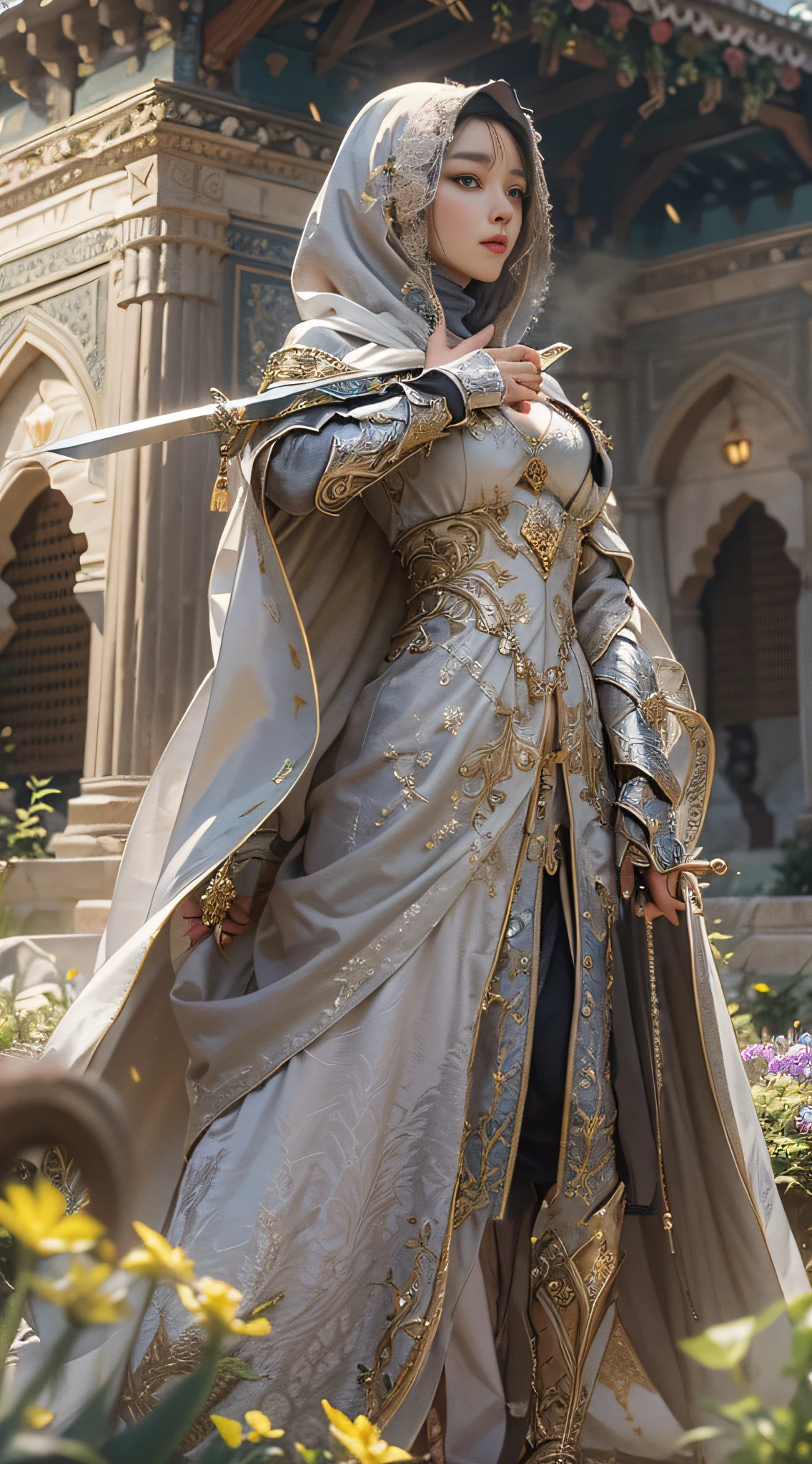 masterpiece, best quality, cinematic light, ultra high res, 8k uhd, intricate details, nature light, film grain, dreamlike, perfect anatomy, best shadow, delicate, RAW>, pleasured expression, spotless face, perfect face, perfect body, expressive eyes, 2girls, wearing cape hijab, attacking each other, sword fighting on the battlefield in front yard of a sultan palace, whole body covered by long dress, wearing full body battle armor, chest cover accessories, non-transparent clothing, kpop idol face, perfect face, perfect body, big chest, 2girls, wearing cape hijab, attacking each other by swords, sword fighting on the battlefield in front yard of a sultan palace, whole body covered by battle armor, chest cover accessories, non-transparent clothing, non-exposed body skin, kpop idol face, perfect face, perfect body, big chest, a beautiful woman, wearing cape hijab, whole body covered by battle armor, standyng on the flower garden in front yar of a mosque, holding swords, angry face, kpop idol face, perfect face, perfect body, big chests,