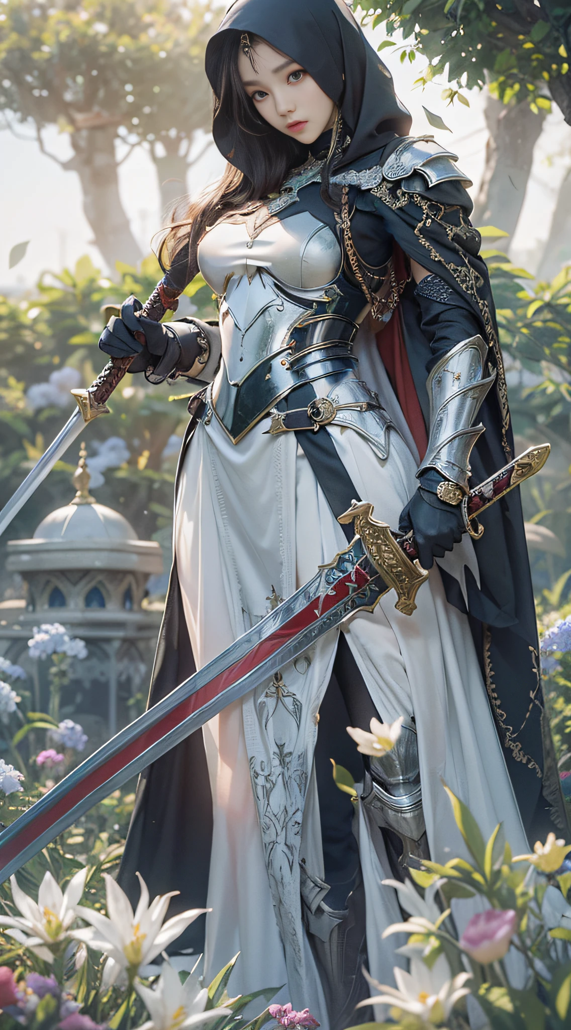 masterpiece, best quality, cinematic light, ultra high res, 8k uhd, intricate details, nature light, film grain, dreamlike, perfect anatomy, best shadow, delicate, RAW>, pleasured expression, spotless face, perfect face, perfect body, expressive eyes, 2girls, wearing cape hijab, sword fighting on the battlefield in front yard of a sultan palace, whole body covered by long dress, wearing full body battle armor, chest cover accessories, non-transparent clothing, kpop idol face, perfect face, perfect body, big chest, 2girls, wearing cape hijab, attacking each other by swords, sword fighting on the battlefield in front yard of a sultan palace, whole body covered by battle armor, chest cover accessories, non-transparent clothing, non-exposed body skin, kpop idol face, perfect face, perfect body, big chest, a beautiful woman, wearing cape hijab, whole body covered by battle armor, standyng on the flower garden in front yar of a mosque, holding sword, elegant style pose, kpop idol face, perfect face, perfect body, big chests,