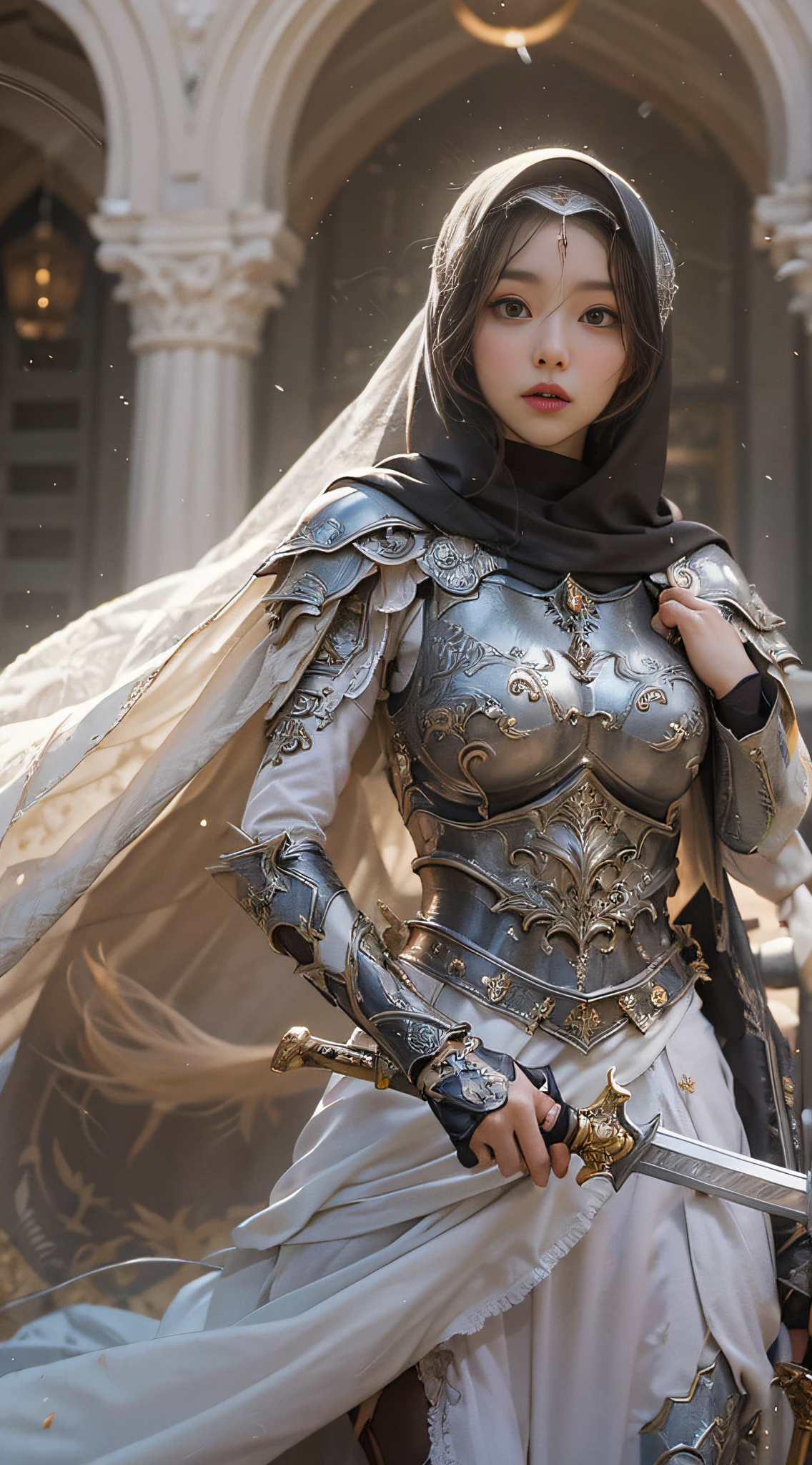 masterpiece, best quality, cinematic light, ultra high res, 8k uhd, intricate details, nature light, film grain, dreamlike, perfect anatomy, best shadow, delicate, RAW>, pleasured expression, spotless face, perfect face, perfect body, expressive eyes, 2girls, wearing cape hijab, sword fighting on the battlefield in front yard of a sultan palace, whole body covered by long dress, wearing full body battle armor, chest cover accessories, non-transparent clothing, kpop idol face, perfect face, perfect body, big chest, 2girls, wearing cape hijab, attacking each other by swords, sword fighting on the battlefield in front yard of a sultan palace, whole body covered by battle armor, chest cover accessories, non-transparent clothing, non-exposed body skin, kpop idol face, perfect face, perfect body, big chest, a beautiful woman, wearing cape hijab, whole body covered by battle armor, standyng on the flower garden in front yar of a mosque, holding sword, elegant style pose, kpop idol face, perfect face, perfect body, big chests,