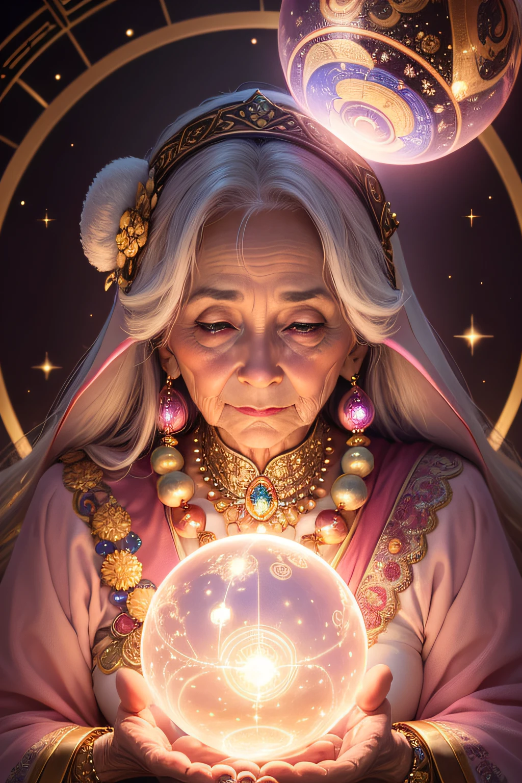 Glittering elderly woman decorated with various jewelry,A rabbit holds a large sphere,staring directly at camera, at centre,Very bright colors, light Particle, with light glowing, Mushiv, Wallpaper Art, UHD Wallpapers,Background Pink、Divination to meditate、mystical
