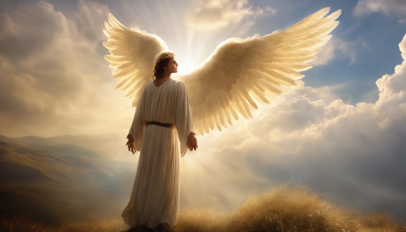 An angel was coming down from heaven with great power, And the earth shone with his glorious splendor. Fantasy Bright Field
The male angel exclaimed in a mighty voice. Speaking to millions of people,An angel looking ahead, floating in air,Hundreds of thousands of people stand below.