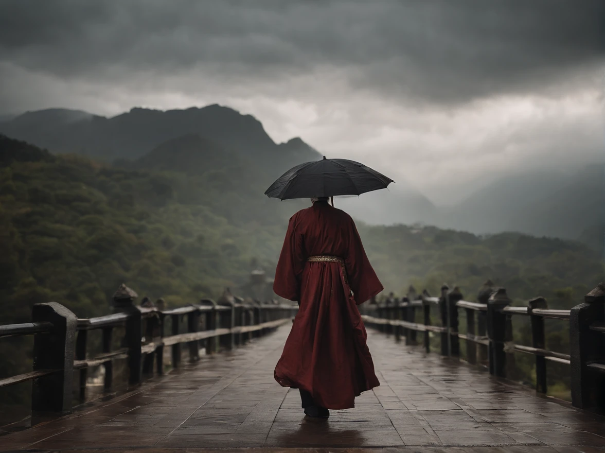 Girl wearing a Hanfu umbrella,Behind him is the temple,Walking alone in heavy rain,In the distance are mountains and waterfalls,tmasterpiece,Masterpiece,rich details,Da Vinci color grading,4D movie textures