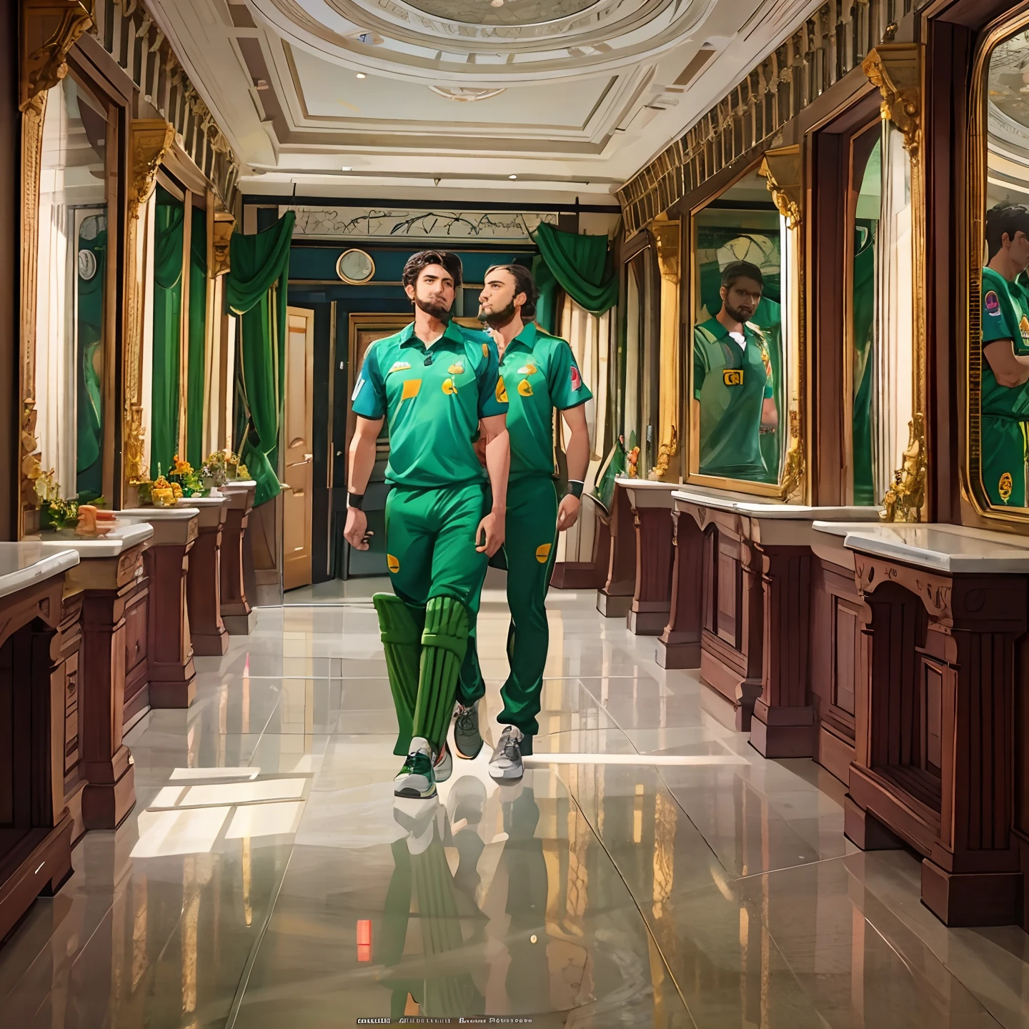 Step into the room with the Pakistani cricket team captain, proudly adorned in the iconic ICC World Cup uniform. As he stands confidently before the mirror, his reflection echoes the passion and honor that this uniform represents. The room is adorned with a collection of chairs, a comfortable bed, and a wall adorned with precisely ten cricket jerseys, each bearing the name 'Faizi.' These jerseys serve as a testament to dedication and teamwork, and they hang proudly as a source of inspiration. The room is alive with the spirit of cricket, and the captain's reflection captures the essence of a leader, ready to take on the world's stage."