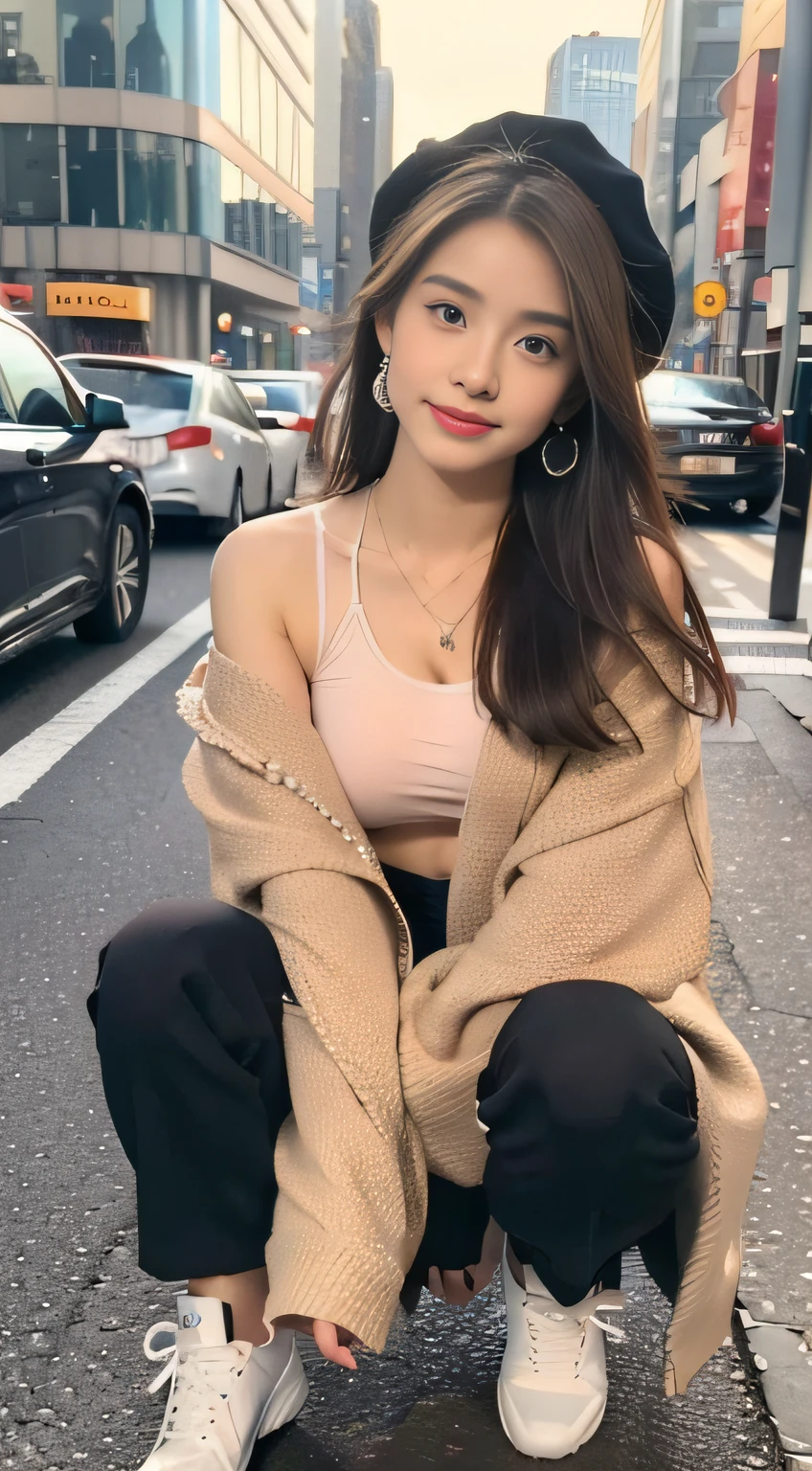 (((32K,very high res, high detailing, highly accurate,Masterpiece Girl 1:1.5))),Raw photo & realistic atmosphere,beautiful dark blue eyes,Detailed mouth,Glossy lips,Detailed eyebrows,Soft white skin that shines with every detail,,Eyes drawn in detail、Very beautiful eyes with azure eyes,Detailed lips、Very beautiful face,Very well-formed face、Lifelike face,shiny beautiful lips,Beautiful eyebrows,Infinite reality,Best design,(Insanely cute Japan 16-year-old high school girl,,Beautifully shaped breasts,Very cute beautiful girl,Little Girl,Healthy body,Outstanding style:1.5),Best Natural Makeup,Japanese ido,Korean Idols,Young sensual idol,Moist eyes,Dark Beautiful Deep Eyes,Beautiful butt,beauty legs,,camel's foot,:1.3),超A high resolution、,Natural and realistic face,Back lighting,Pure eyes are too cute,(((photorealisim,Photograph the whole body))),,Reality Live Action,(Fashionable earrings,,a necklace,A bracelet,gyuru,Glossy nail art,Women's Teens Street Winter Casual Fashion,Down coat,Black pants,white shoe,Hats,Calm and fashionable girl,light brown hair,short-hair,Ear Hair,独奏,little smiling,full body Esbian,Show full-body fashion,sitting cross-legs,Show me your white shoes, Only beauty young cute 15 year old girl,A rather petite and very cute 15-year-old girl:1.7),Night in Shibuya