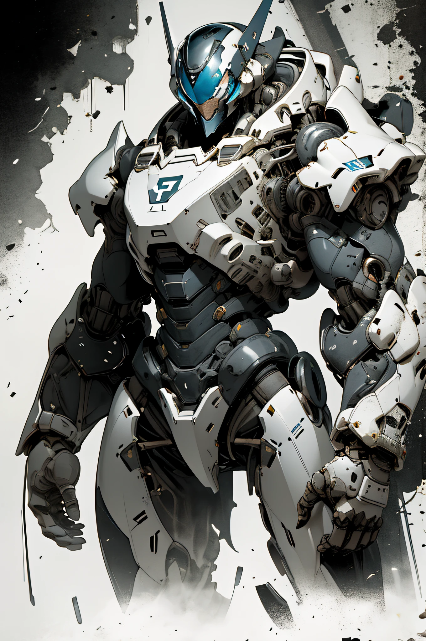 1 woman inside a huge bulky exoskeleton robot , ((bulky)) armor, mecha, ink, clean lines, negative space, high contrast, gradient color,