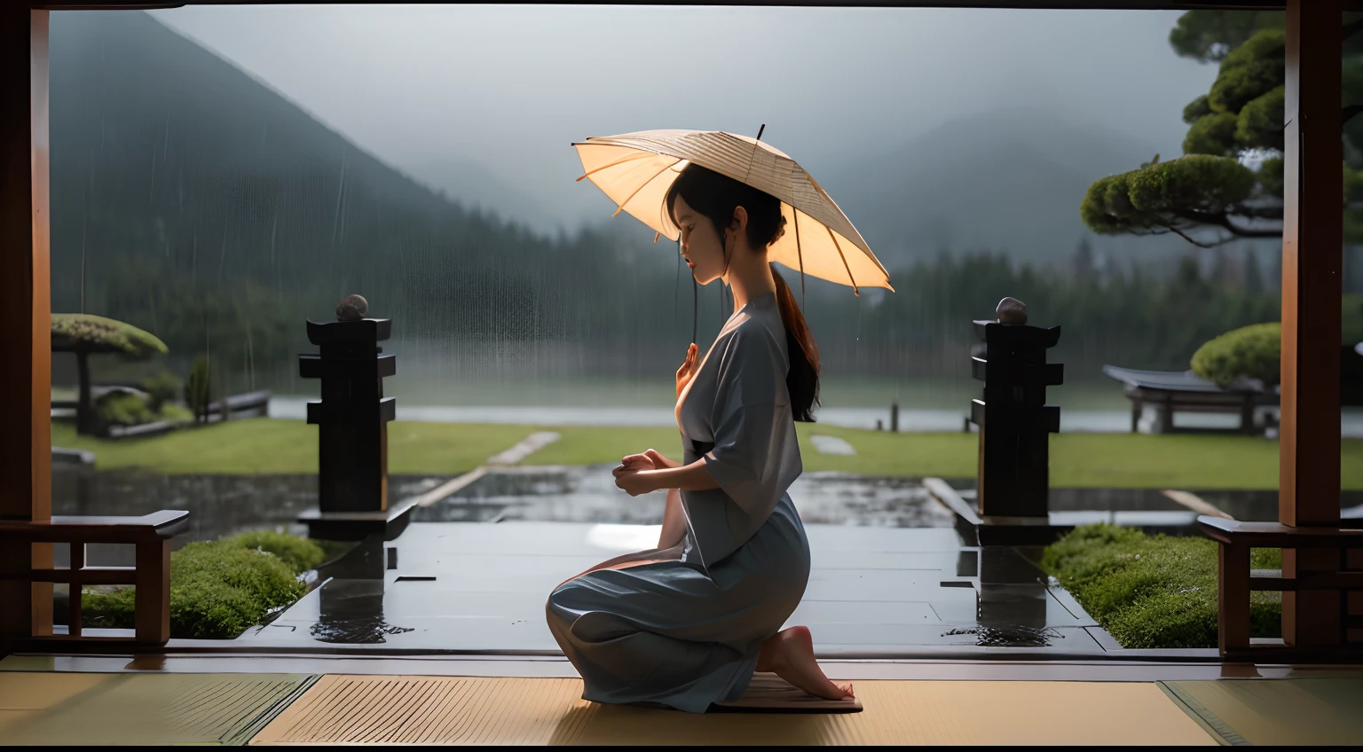 Landscape format, photorealistic, Rainy night in a serene ancient temple, beautiful Japanese woman meditating on left side of image, silhouette, side profile, kneeling posture, kneeling on a mat, wearing traditional Japanese rain hat, night-time, very dark, rain, rainy, dark trees in background, gangham style building on right side of image, highly detailed hands, face and hair, only torrential rain in background