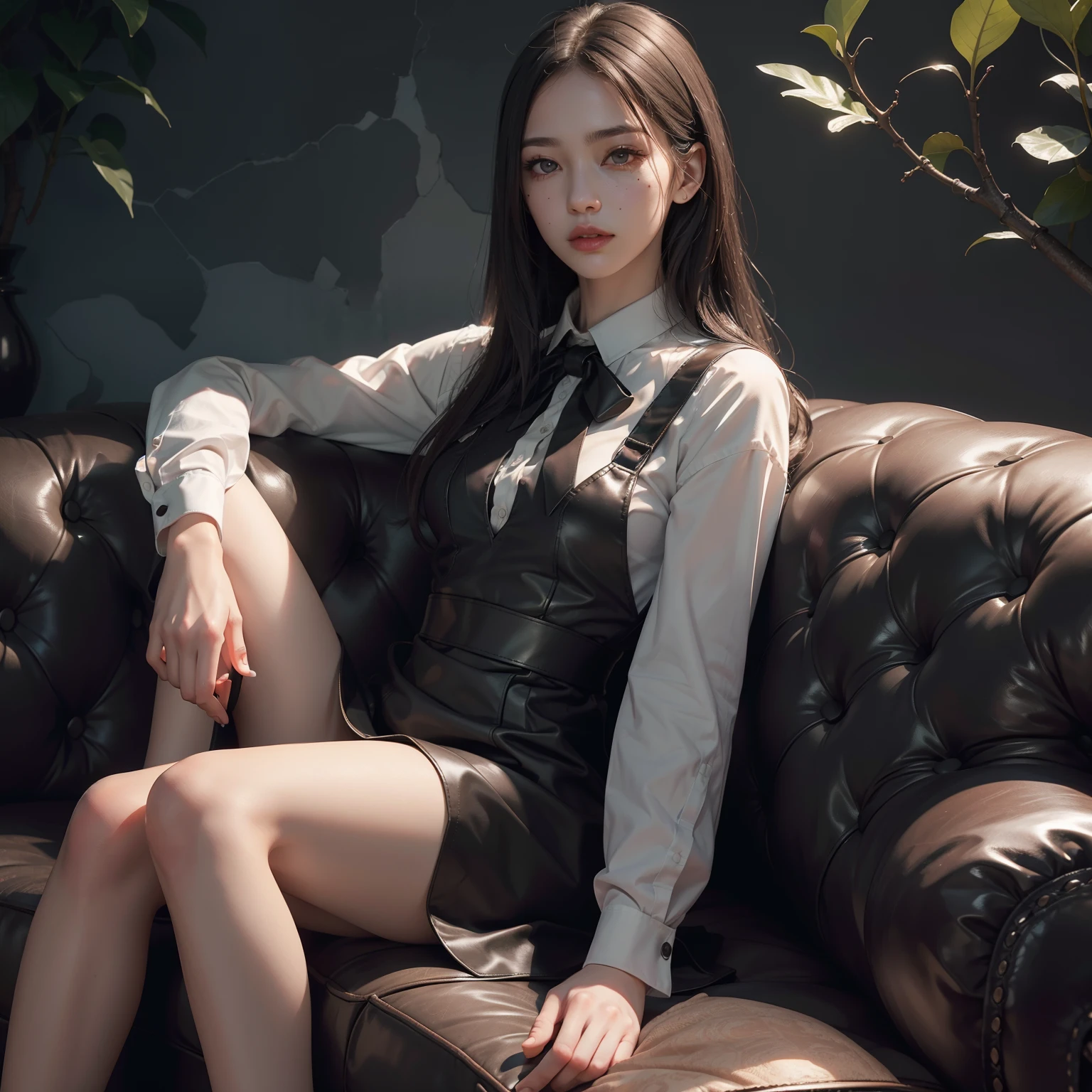 (Hyper-realistic), (Illustration), (High resolution), (8K), (Extremely detailed), (Best Illustration), Yol ( chain saw man ), (Beautiful detailed eyes), (Best Quality), (Ultra-detailed), (masutepiece), (Wallpaper), (Detailed face), Solo, Upper body, Focus on Face, 1 girl, Long Black Hair, Korean, Thin eyeshadow, A detailed eye, Brown eyes, Small moles under the eyes, very slender legs,Long sleeve shirt, Neckbow, Small breasts,Black leather shoes,pinafore dress, Dynamic Pose, low illuminance, Night, Dark, Clouds, a dark night,sit on sofa,Drinking black tea,
