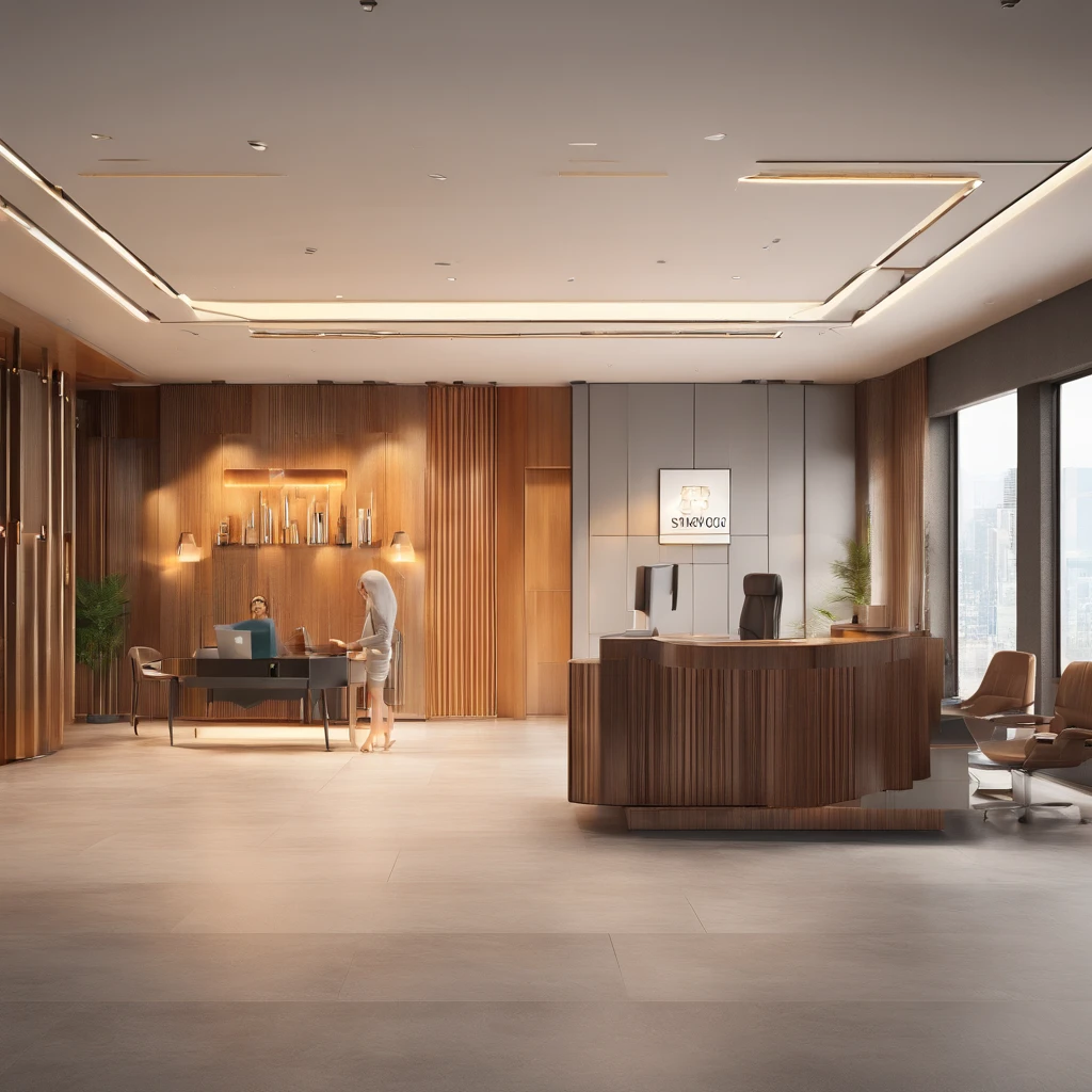 The agency office's interior, featuring a welcoming reception area with a friendly receptionist and a well-lit cabin where the agency representative explains the unique exchange offer to the couple.
