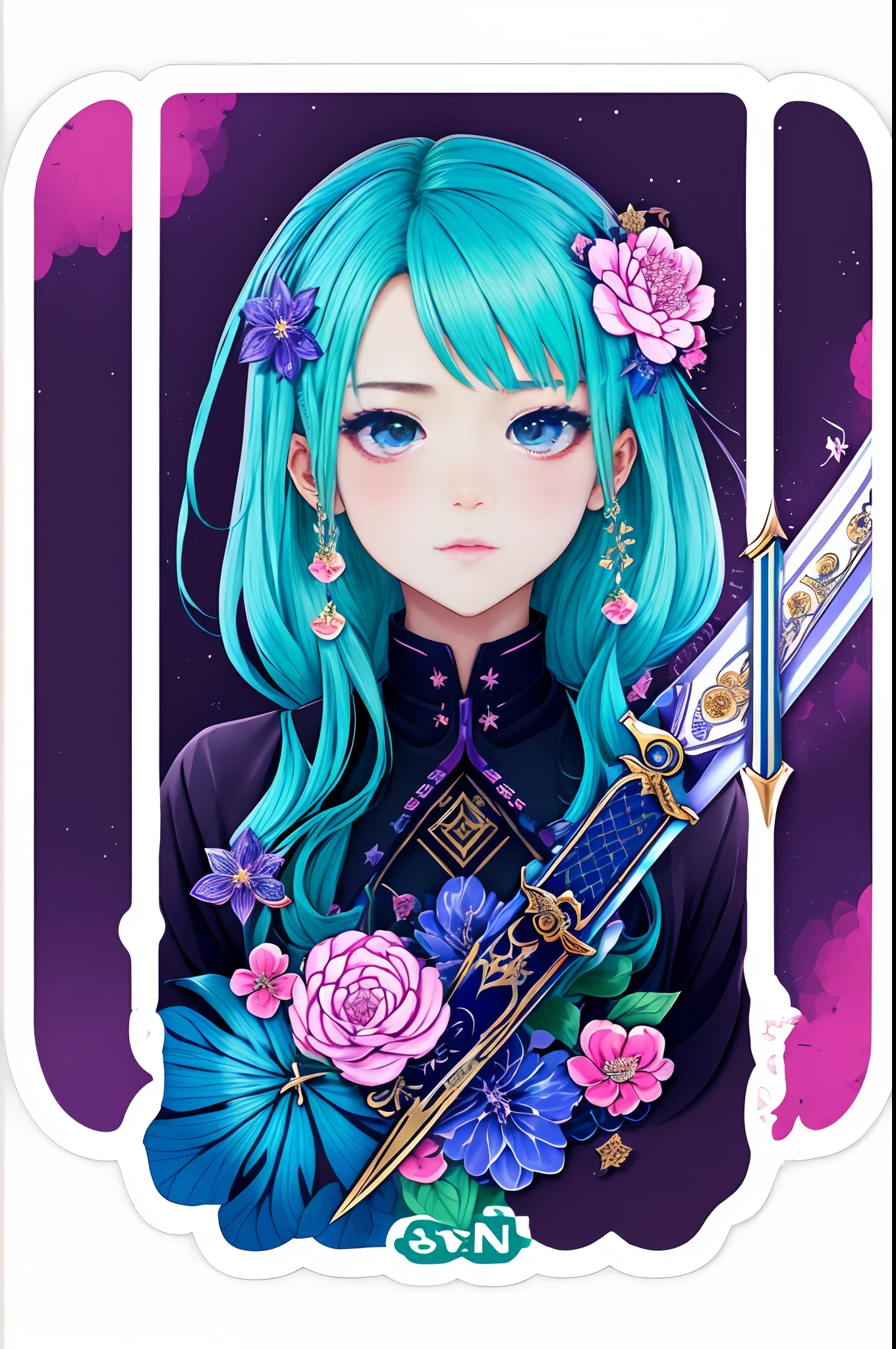 ((Stickers))，((Sticker))，1girll, With a sword, Anime style，Dreamland Wonderland、fanciful，tmasterpiece，k hd，Rich in color，Detailed details，Seven colors,(Best quality,Masterpiece, iintricate,Hyper-detailing,8K  UHD,超高分辨率，extremely detailed CG unity wallpaper)