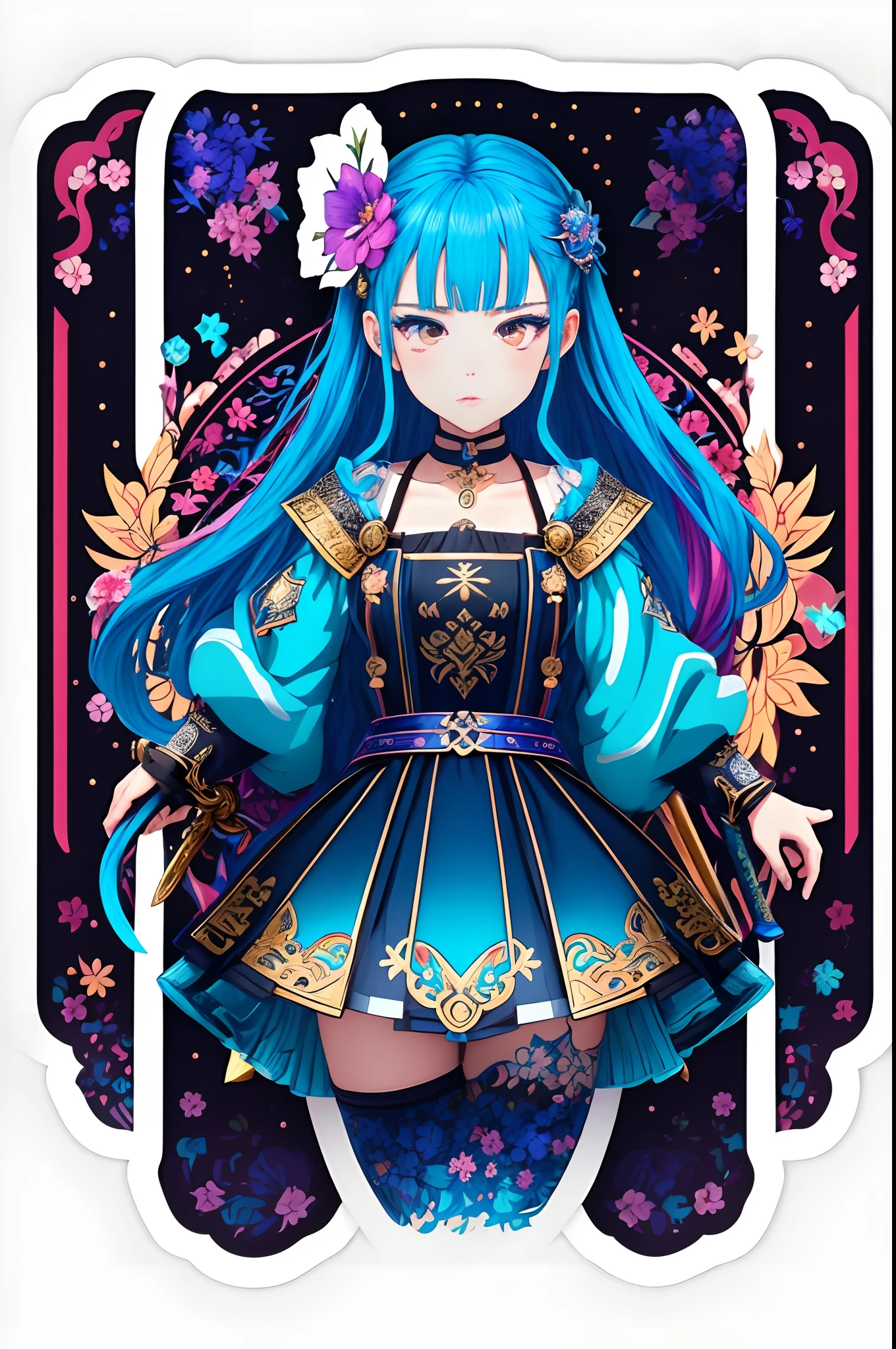 ((Stickers)),((Sticker)),1girll, With a sword, Anime style,Dreamland Wonderland、fanciful,tmasterpiece,k hd,Rich in color,Detailed details,Seven colors,(Best quality,Masterpiece, iintricate,Hyper-detailing,8K UHD,超高分辨率,extremely detailed CG unity wallpaper)