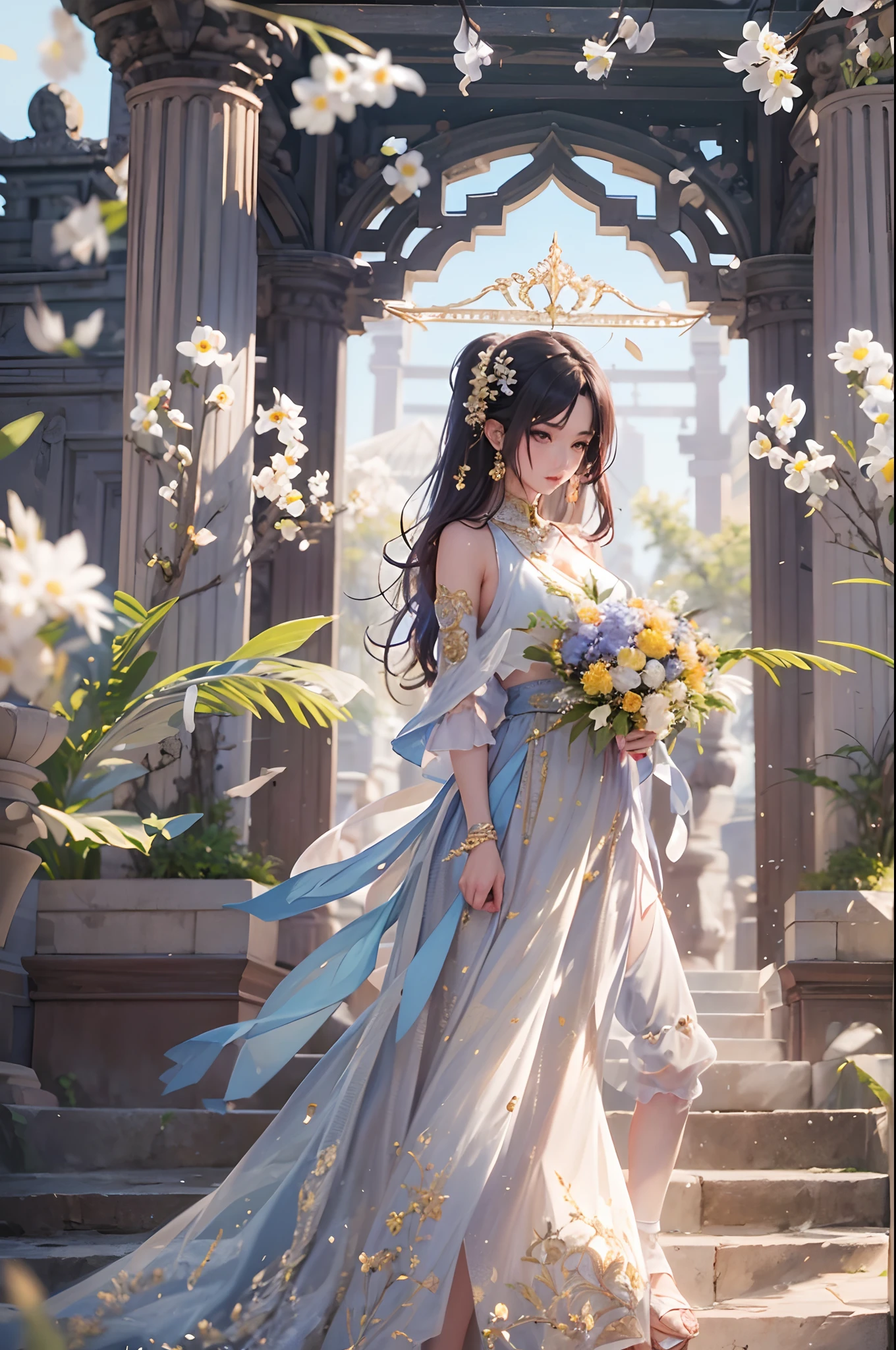 (masterpiece), (best quality), 8k resolution, 1girl, Asian girl, stunning beauty, perfect face, mature female, 20yo, sunny, cinematic, long dress, bare shoulder, fantasy, flowers, in the ancient castle