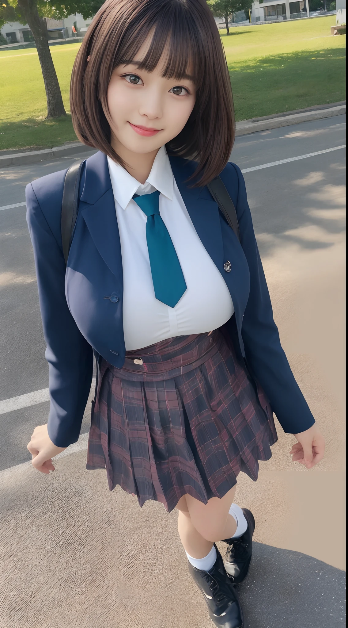 masutepiece、Best Quality、 ultra-detailliert、hight resolution、8K Wallpapers、Perfect dynamic composition,、Beautiful detailed eyes、(Beautiful Large Breasts:1.6)、17-year-old beauty、top-quality、beautiful a girl、High school students、student clothes、Brown hair、Pattsun bangs、bob cuts、a small face、Cute little girl s、Dark blue school blazer、White School Shirt、Green tie、Dark blue school skirt、Colossal tits、A slender、slender、slender body with large breasts,,,,,,,,,,,,,,,,,,,,,,,,,,,,,,,,,,,,,,,,,,,,,,、ssmile、A smile、Laugh、White High Socks、Leather shoes、up chest、、Morning sun from the sky、Unclear girl、Surrounded by fields、Bus stop、Stand in front of the bus stop、Beautiful hair fluttering in the wind、Transcendental tranquility、Super detailed illustration、extra detailed face、Raw photography、film grains、Deviantart Trends、