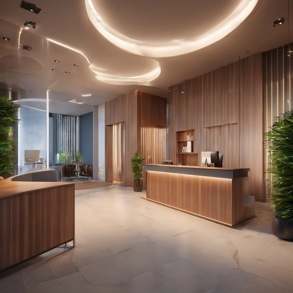 The agency office's interior, featuring a welcoming reception area with a friendly receptionist and a well-lit cabin where the agency representative explains the unique exchange offer to the couple.