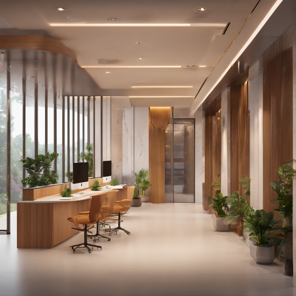 The agency office's interior, featuring a welcoming reception area with a friendly receptionist and a well-lit cabin where the agency representative explains the unique exchange offer to the couple.