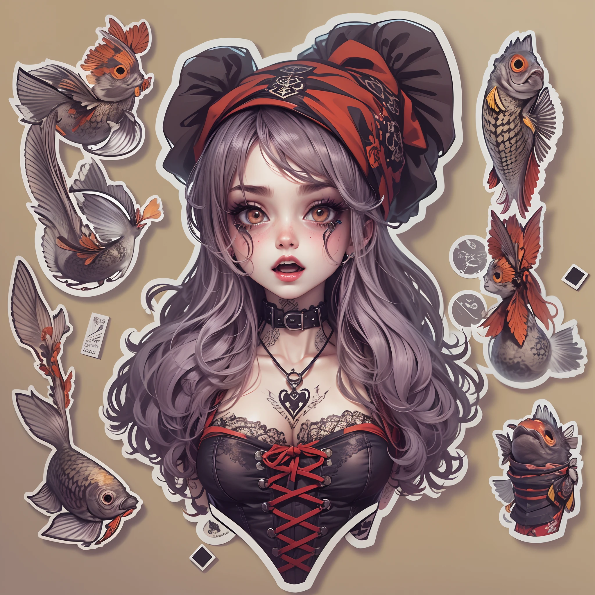 Sticker,(Cute gothic girl)，Tattooed with，She wears a stud PVC corset，red colour，There are feathers on the shoulders, wind coat，kneehigh boots，fish net leggings，joyful expressions，cute clothing，in circle, White background, Gold border，Simple, Ultra detailed, Detailed drawing, vectorised, 8K, professional sticker design, Flat design, Vector lines, Sticker, Drawing, Drawing, Full-HD