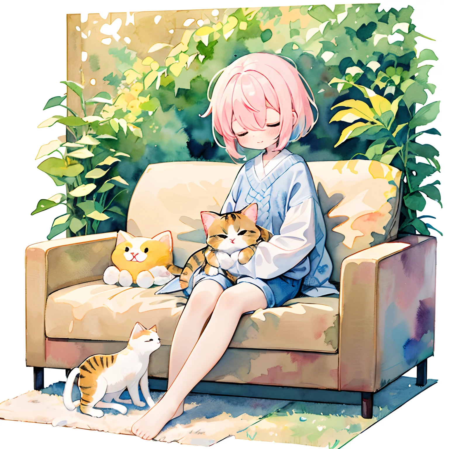 (PastelColors:1.5)、(Cute illustration:1.5)、(watercolor paiting:1.2)、(1girl in:1.0)、hair between eye、White background、girl with、full body Esbian、Sit on the sofa、Dozing off on the couch、Put the cat on your lap、Happy moments、Hexagonal light、garl, Sateen,Nap with a cat、Curled cat、White and orange motifs、warm sunlight、Natural light、 Close your eyes、nap, Cute, Short hair, Smile, Long sleeve knitted clothes、shortpants、full body Esbian, Fantasy, Detailed picture、A slight smil、Very cute、adolable、Toyowa Toyowa