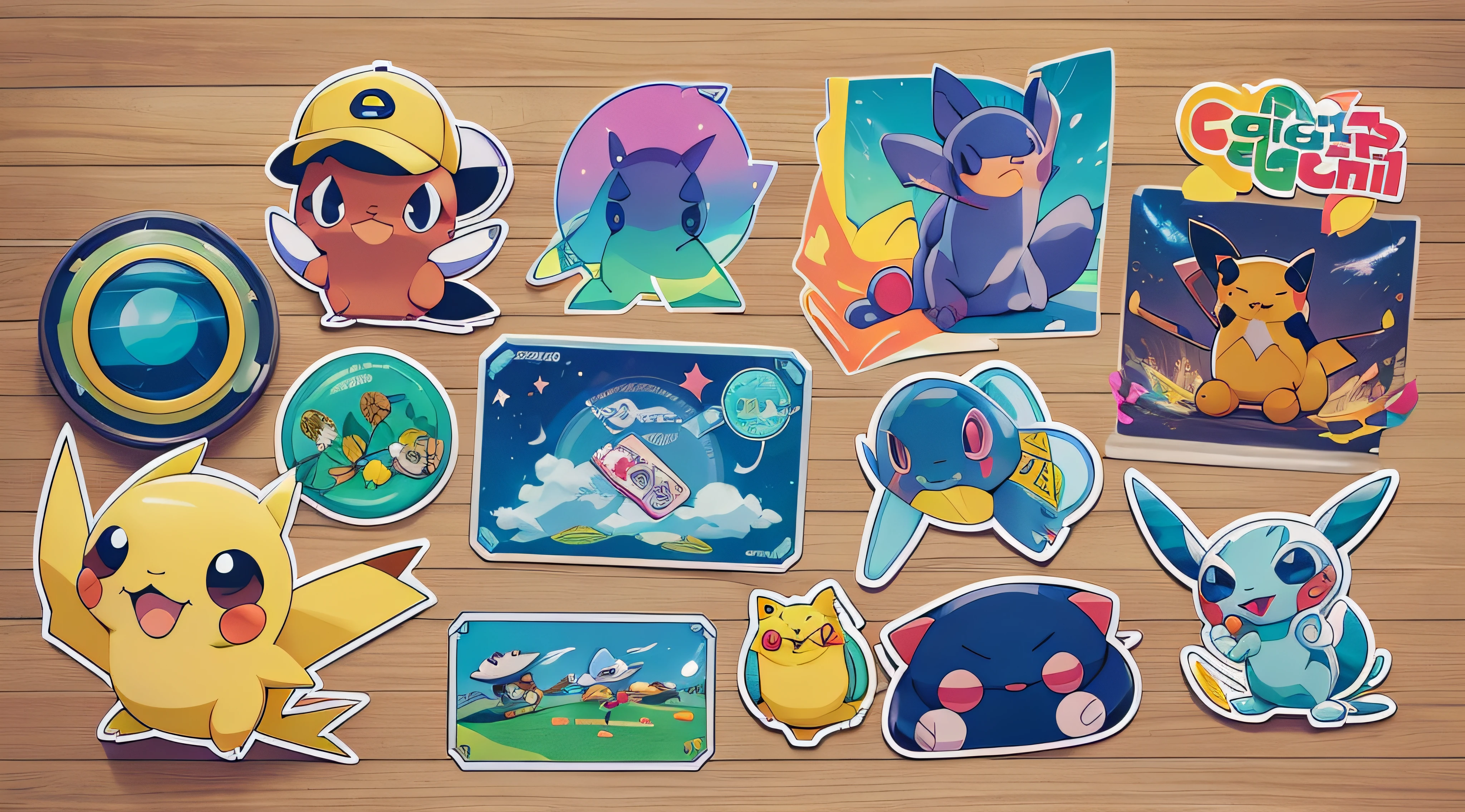 (sticker) (view centered) on a sticks his Pokemons sticker stickers in his book(bright colors, digital art, digital photography, best quality, HDR, 16k),