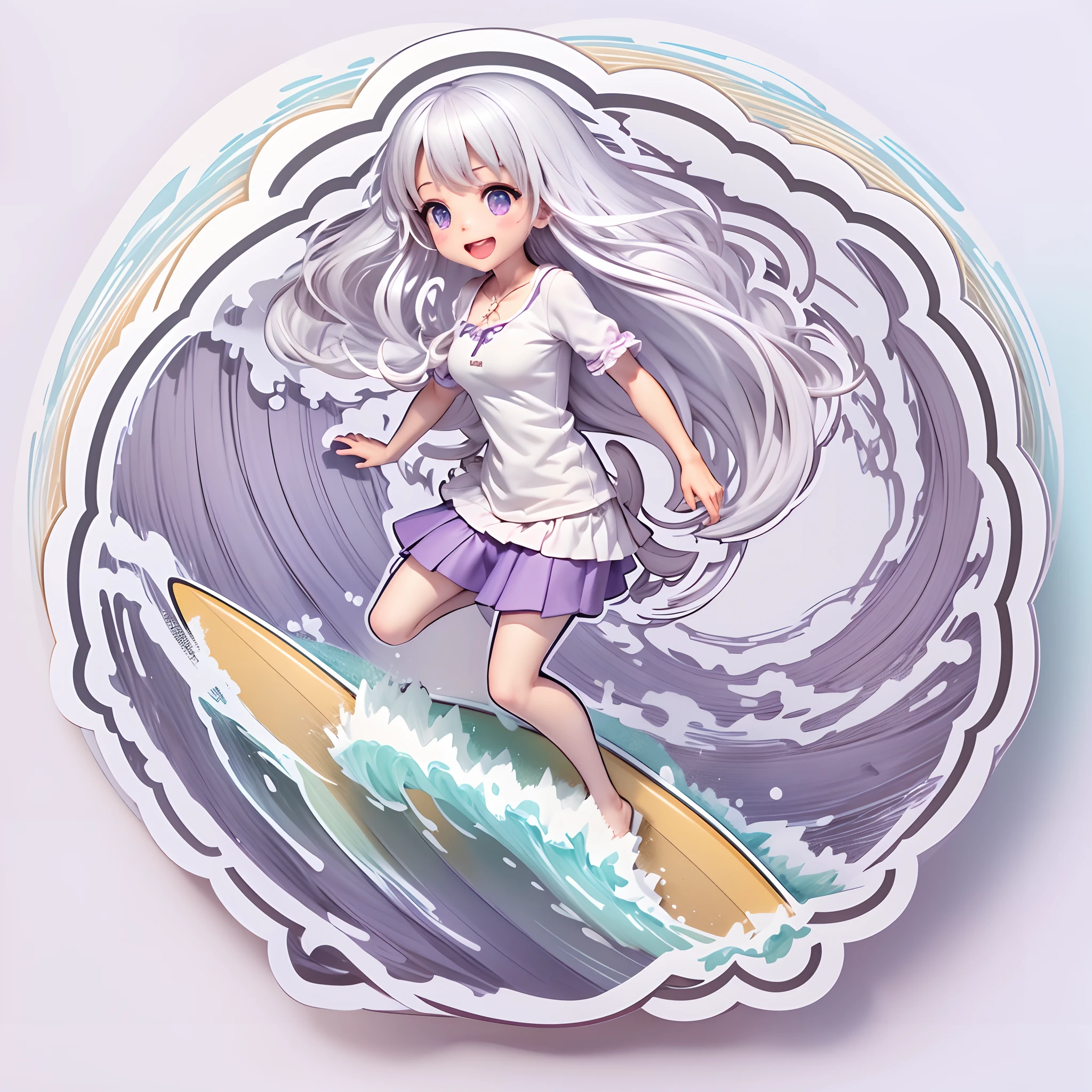 (a sticker),(White background),(in circle), (3D anime girl surfing in the sea), long layered silvery white hair,Light purple eyes,joyful expressions,cute clothing.Gold border,Simple, Ultra detailed, Detailed drawing, vectorised, Silhouette, 8K, professional sticker design, Flat design, Vector lines, Sticker, Drawing, Drawing, Full-HD