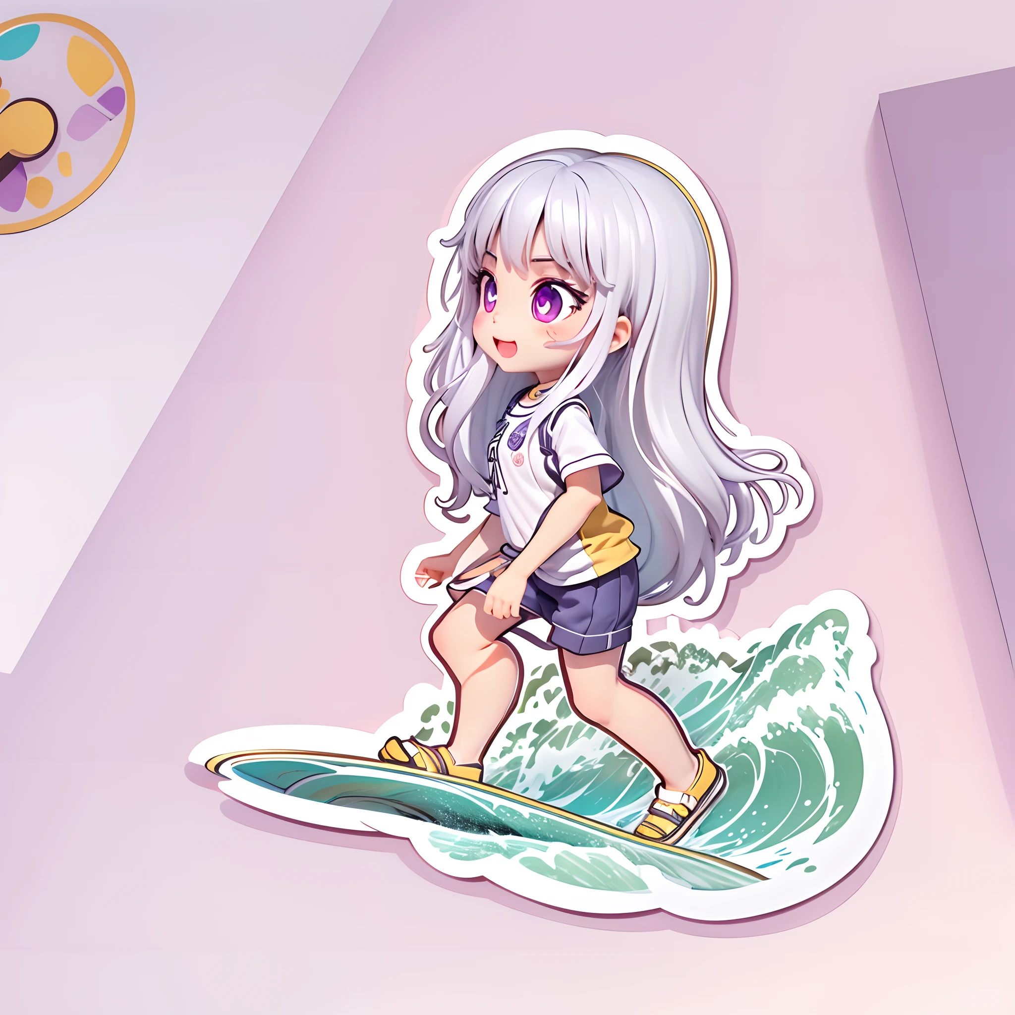 (Sticker),White background,(in circle), (3D anime girl surfing in the sea), long layered silvery white hair,Light purple eyes,joyful expressions,cute clothing.Gold border,Simple, Ultra detailed, Detailed drawing, vectorised, Silhouette, 8K, professional sticker design, Flat design, Vector lines, Sticker, Drawing, Drawing, Full-HD