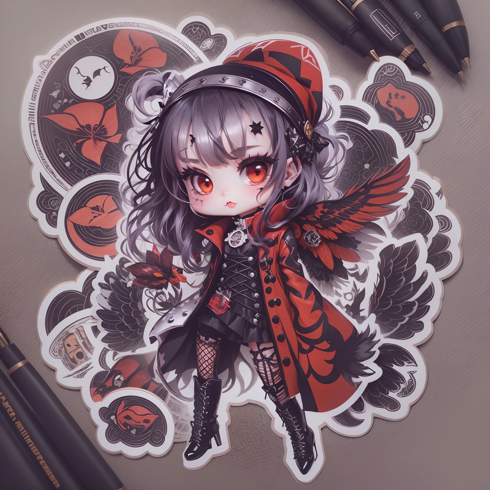 ((Sticker,))(Cute gothic girl),Tattooed with,She wears a stud PVC corset,red colour,There are feathers on the shoulders, wind coat,kneehigh boots,fish net leggings,joyful expressions,cute clothing,((in circle)), ((White background)), ((Gold border)),Simple, Ultra detailed, Detailed drawing, vectorised, 8K, professional sticker design, Flat design, Vector lines, Sticker, Drawing, Drawing, Full-HD