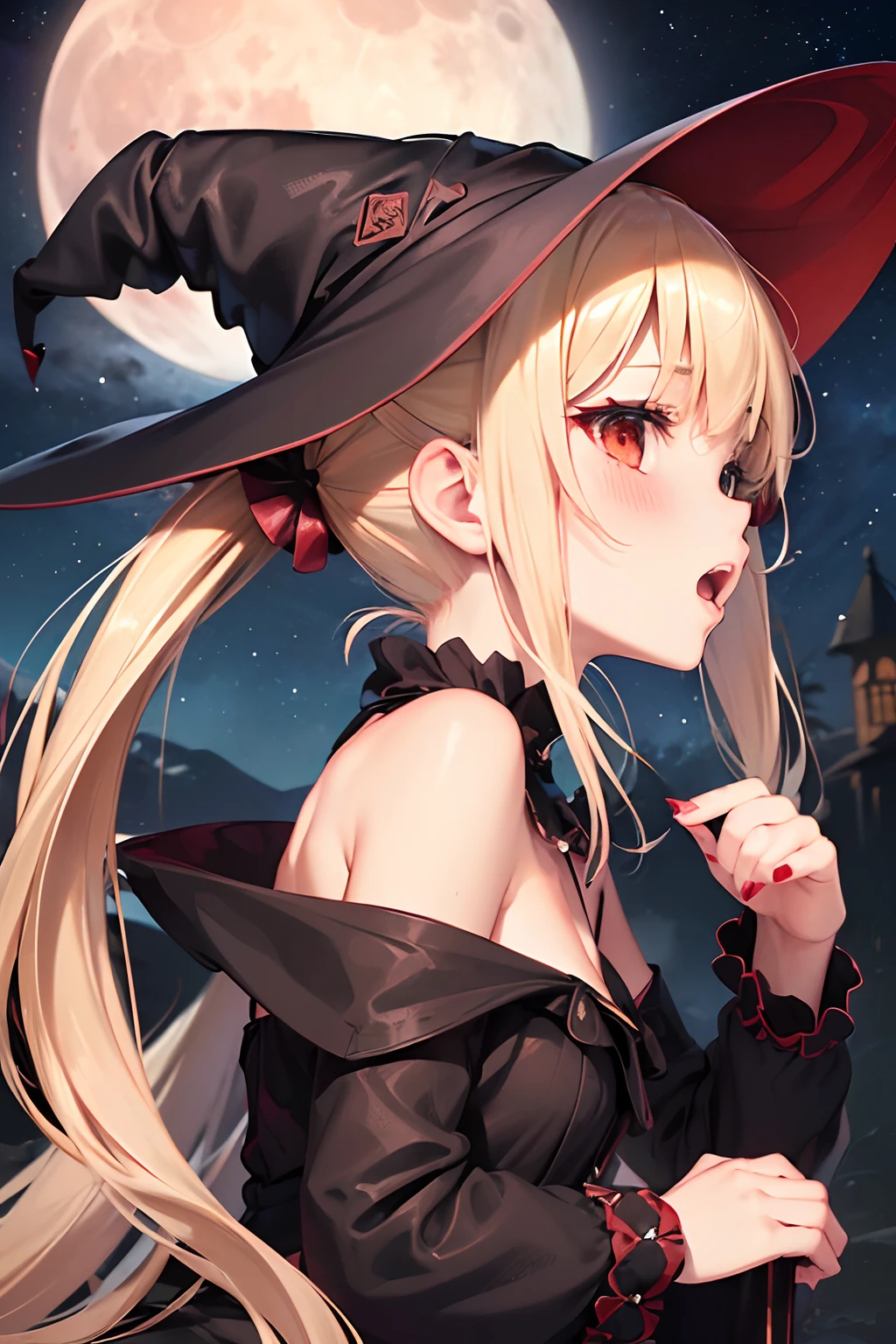 (((NSFW))),(((Petite girl with blonde twin tails))),((Red Off Shoulder Witch Dress)),1 girl,(masutepiece), (Best Quality), (Best Detail),, (((Big witch's hat))), Very detailed face, , Night , shading ,(((kosmos))),(((Lying))),(((Angle from the side))),,,(((milkyway,fullmoon))),(((The upper part of the body))),((涎)),(((open open mouth))),(((red blush))),